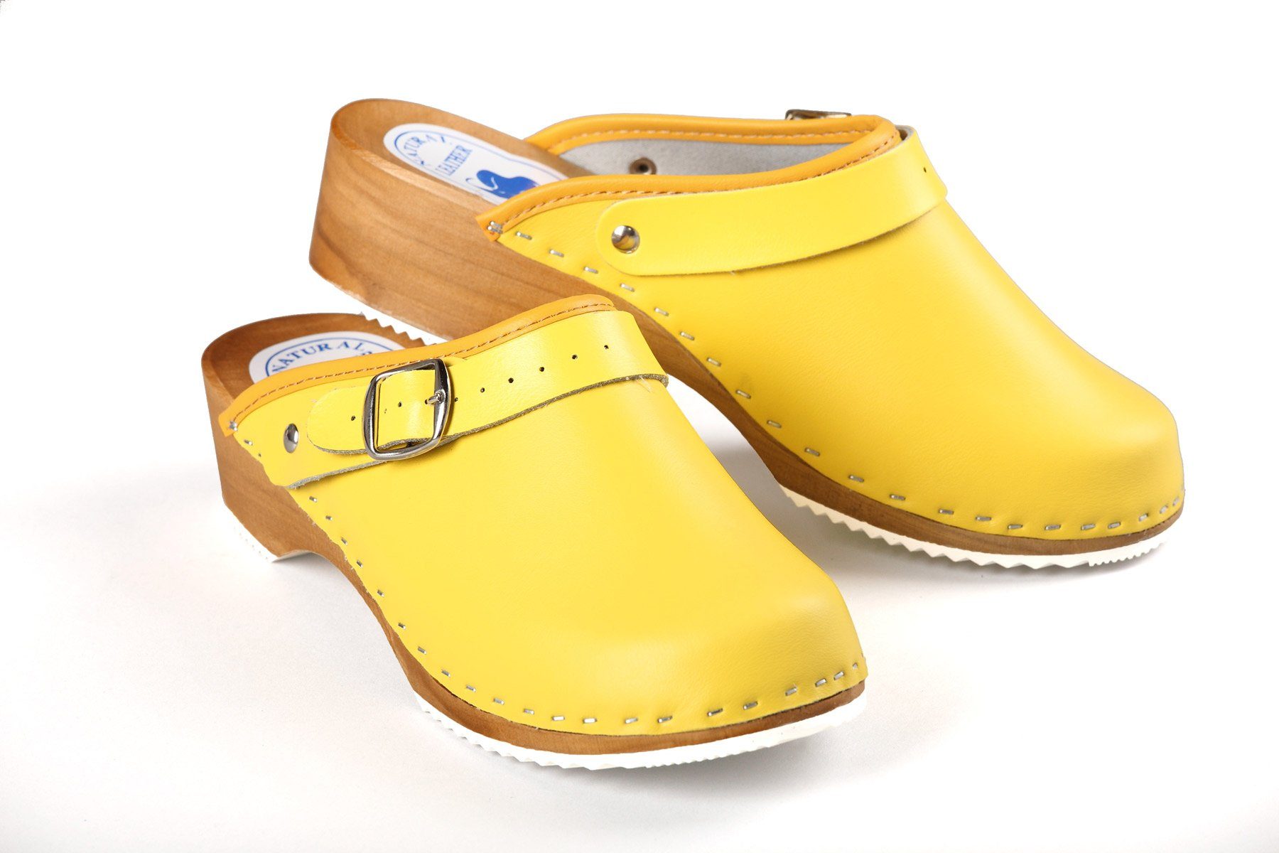 Aves-24 CLOGS Pantolette Sandalette Leder Holzschuhe Holzclogs Damen Klotschen Clog Gelb 37
