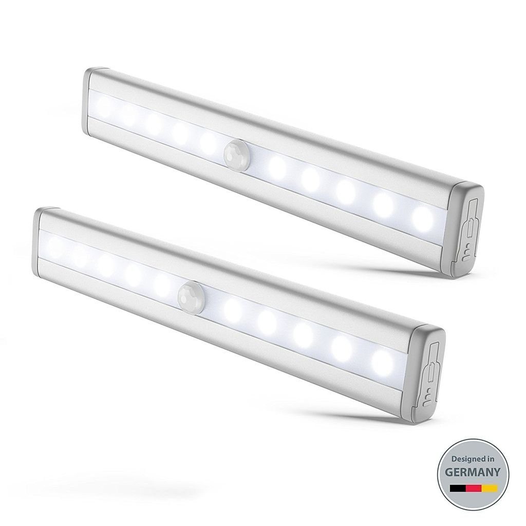 B.K.Licht LED Unterbauleuchte LED Schrankbeleuchtung Batterie Bewegungssensor - BKL1105, LED fest integriert, Warmweiß, 2er Set Schranklichter 6.500K 80lm 190x30x13mm