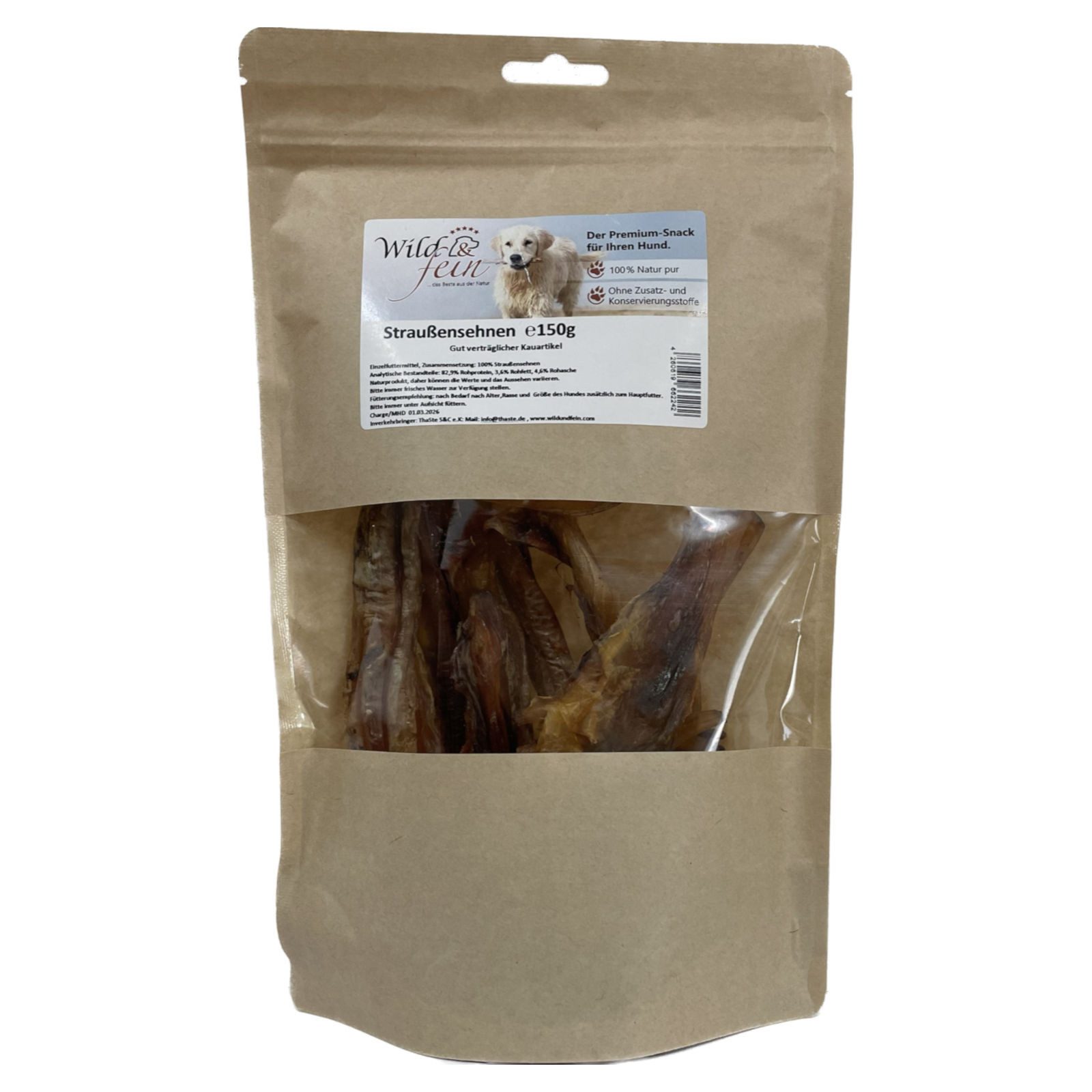 Wild & Fein Straußensehne 150 g, Toller Kauspaß für Hunde, Snack für: Hund