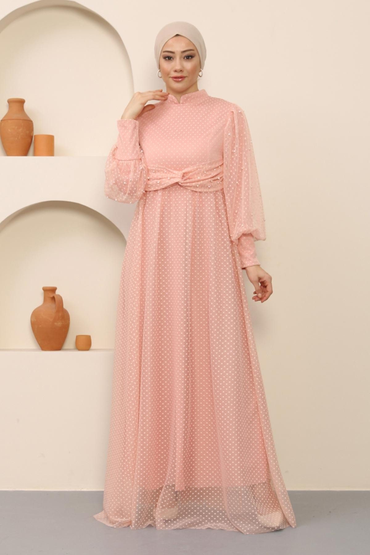 MODAMİHRAM Abendkleid Perlenbesetztes Tüllabendkleid Puder MSW12238-3