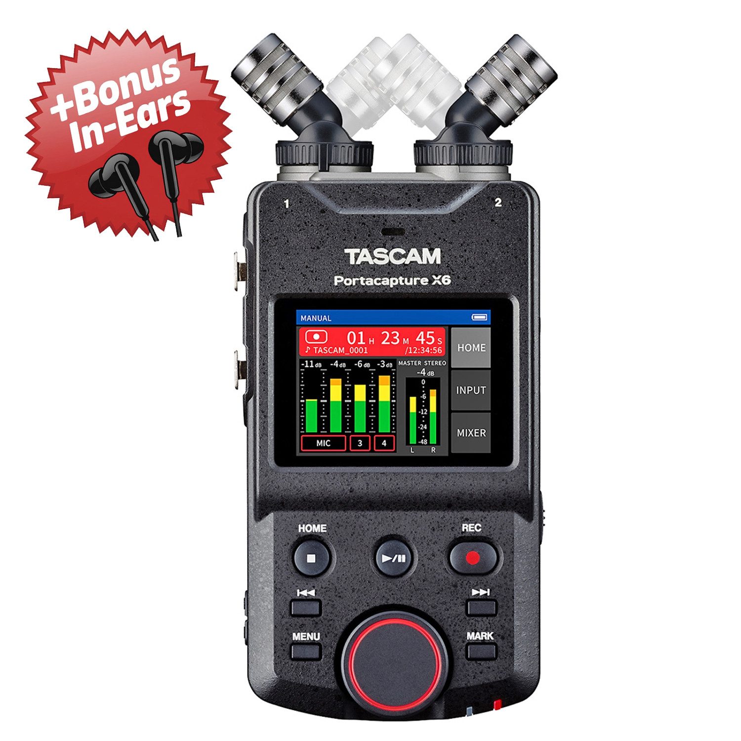 Tascam Tascam Portacapture X6 Audio-Recorder + Bonus In-Ear Kopfhörer Digitales Aufnahmegerät (Hochauflösender Handheld-Mehrspurrecorder)