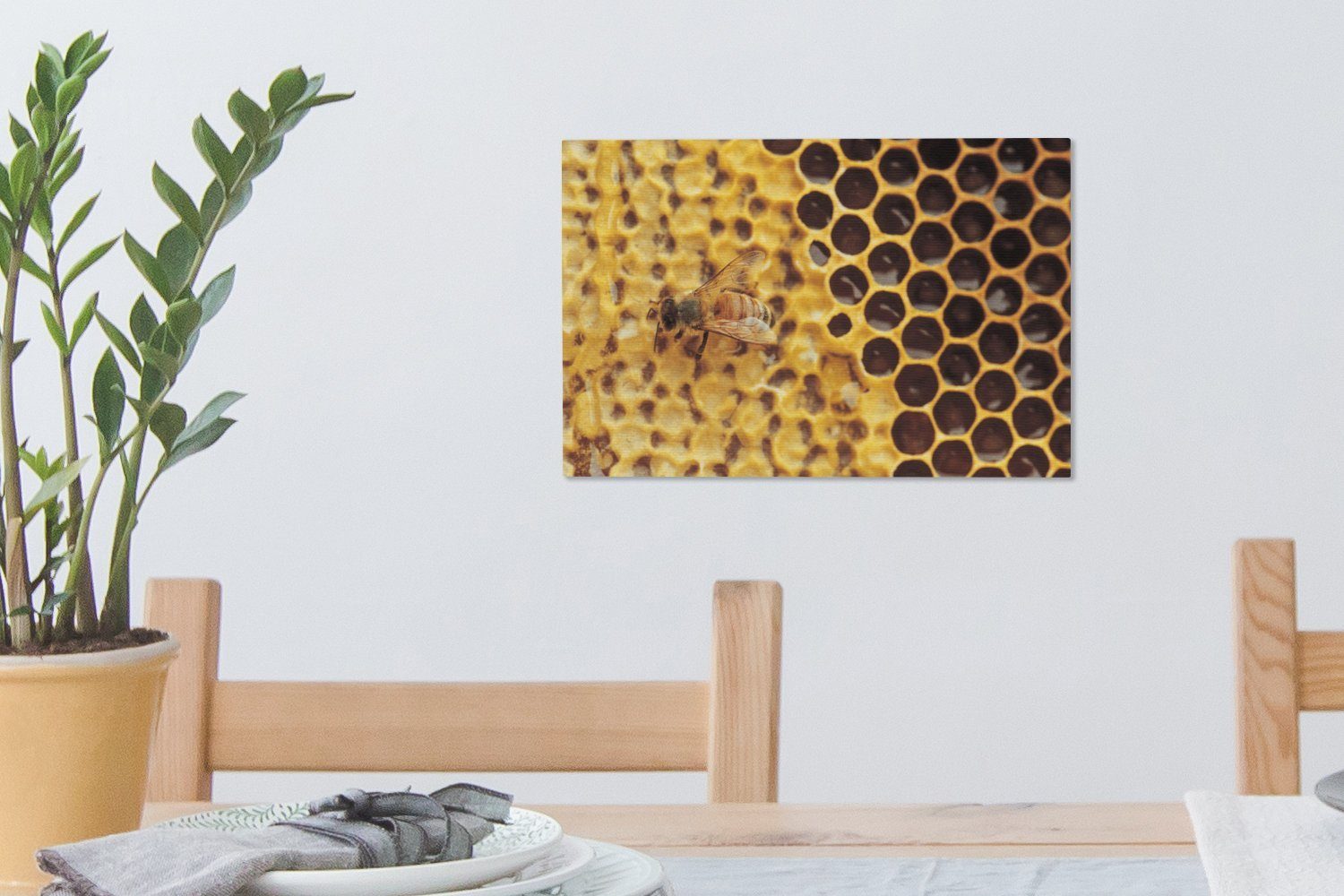 30x20 Leinwandbilder, Wandbild (1 und Wanddeko, cm Aufhängefertig, St), Honigwabe Biene, Leinwandbild OneMillionCanvasses®
