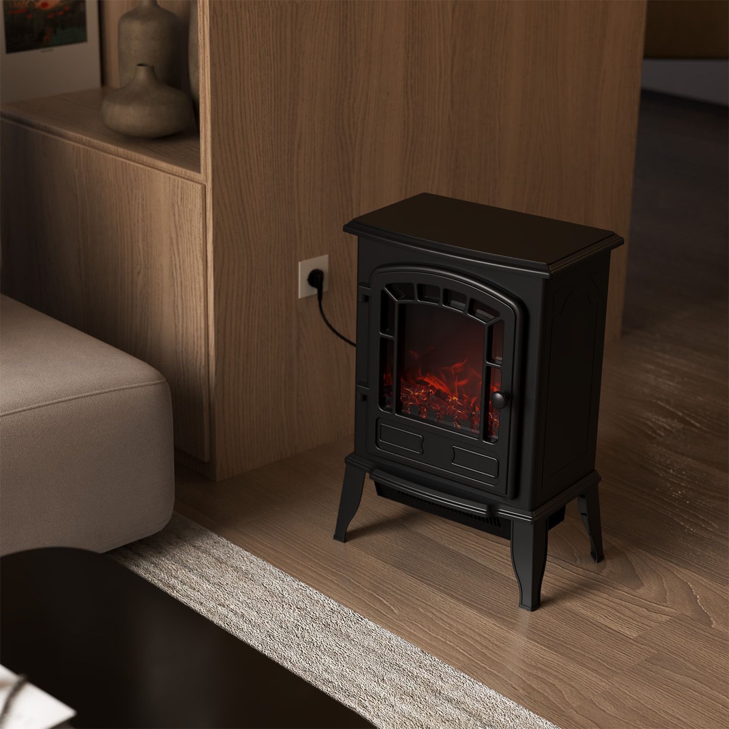Juskys Elektrokamin in Schwarz mit 2000 W, Flammeneffekt & Thermostat, 57 x 39 x 24 cm, Kaminofen mit Sicherheitsabschaltung, Querstromlüfter & Stahlgehäuse