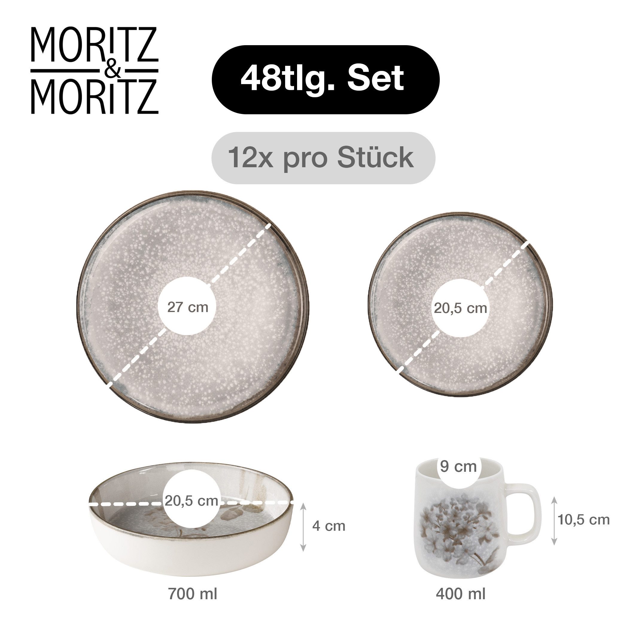 Moritz & Moritz Tafelservice BLOSSOM Geschirrset 48tlg (48-tlg), 12 Personen, Porzellan, Spülmaschinengeeignet