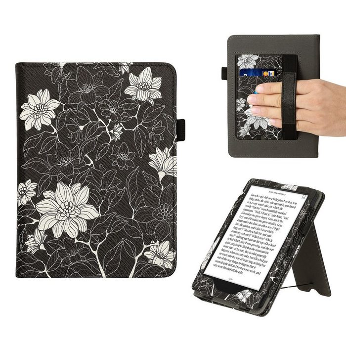kwmobile E-Reader-Hülle Flip Schutzhülle für Amazon Kindle Paperwhite 11. Generation 2022 Handschlaufe - Cover weiße Blumen Design