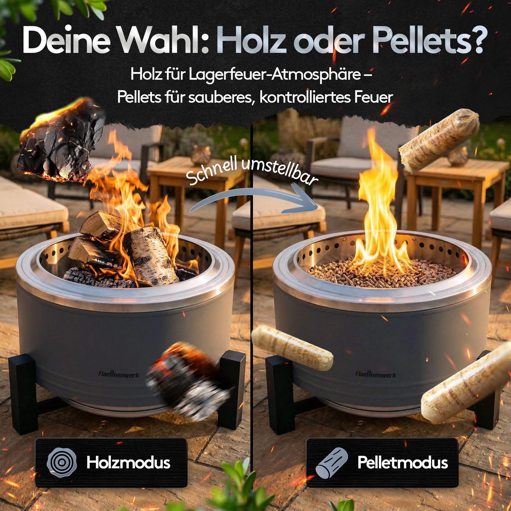 Flammenwerk Feuerschale Rauchfreier Feuerkorb 22" mit Grillrost & Abdeckung, (1-St., Inkl. Grillrost & Abdeckung), Feuerstelle & Grill für Garten, Camping & Ter – Bild 5 von 5
