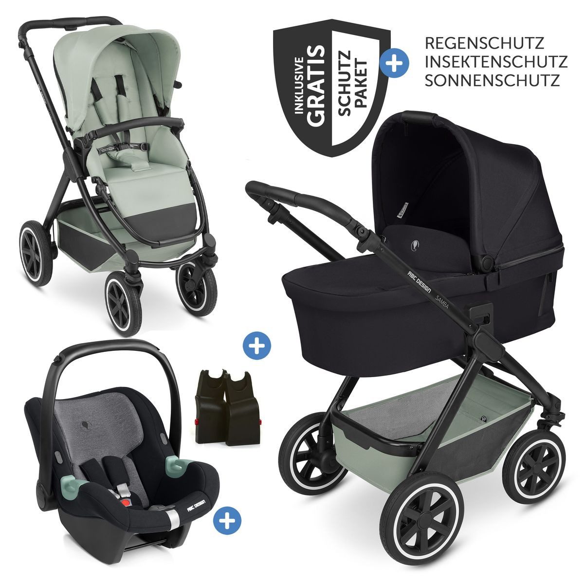 ABC Design Kombi-Kinderwagen Samba - Pine, 3in1 Kinderwagen Buggy mit Babywanne, Babyschale, Sportsitz & Zubehör