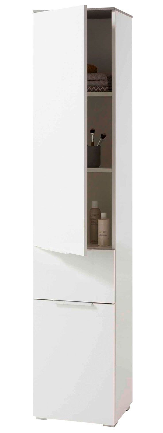 Composad Hochschrank GALAVERNA, Betondekor, Weiß Hochglanz, mit 2 Türen und 1 Schublade, BxHxT 40 x 190 x 35 cm | Hochschränke