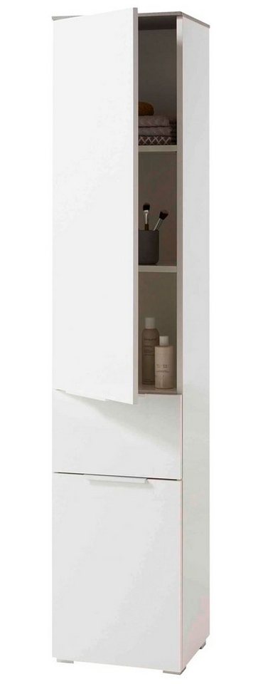 Composad Hochschrank GALAVERNA, Betondekor, Weiß Hochglanz, mit 2 Türen und  1 Schublade, BxHxT 40 x 190 x 35 cm