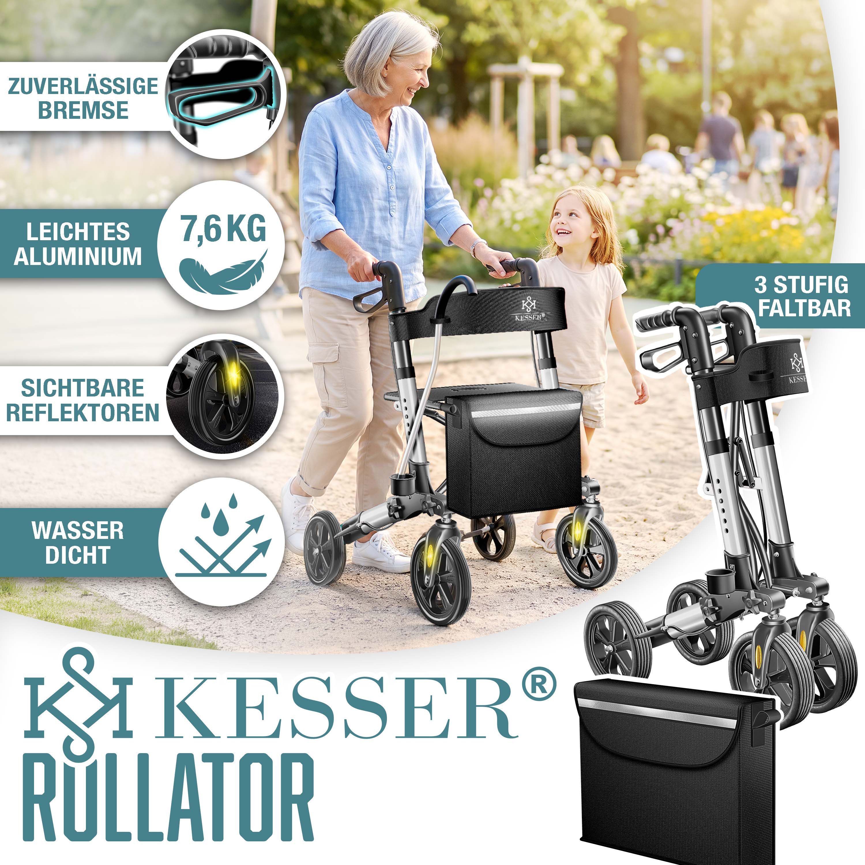 KESSER Rollator Aluminium – faltbar, höhenverstellbar & bis 136 kg belastbar, wetterbeständig, Tasche, Stockhalter, Reflektoren, 360° Gelände Reifen