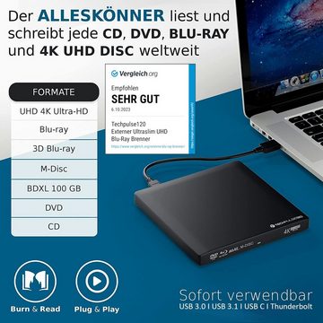 techPulse120 Externes ULTRAHD UHD 4k 3D M-DISC BDXL 100 GB USB 3.0 USB-C Laufwerk Blu-ray-Brenner