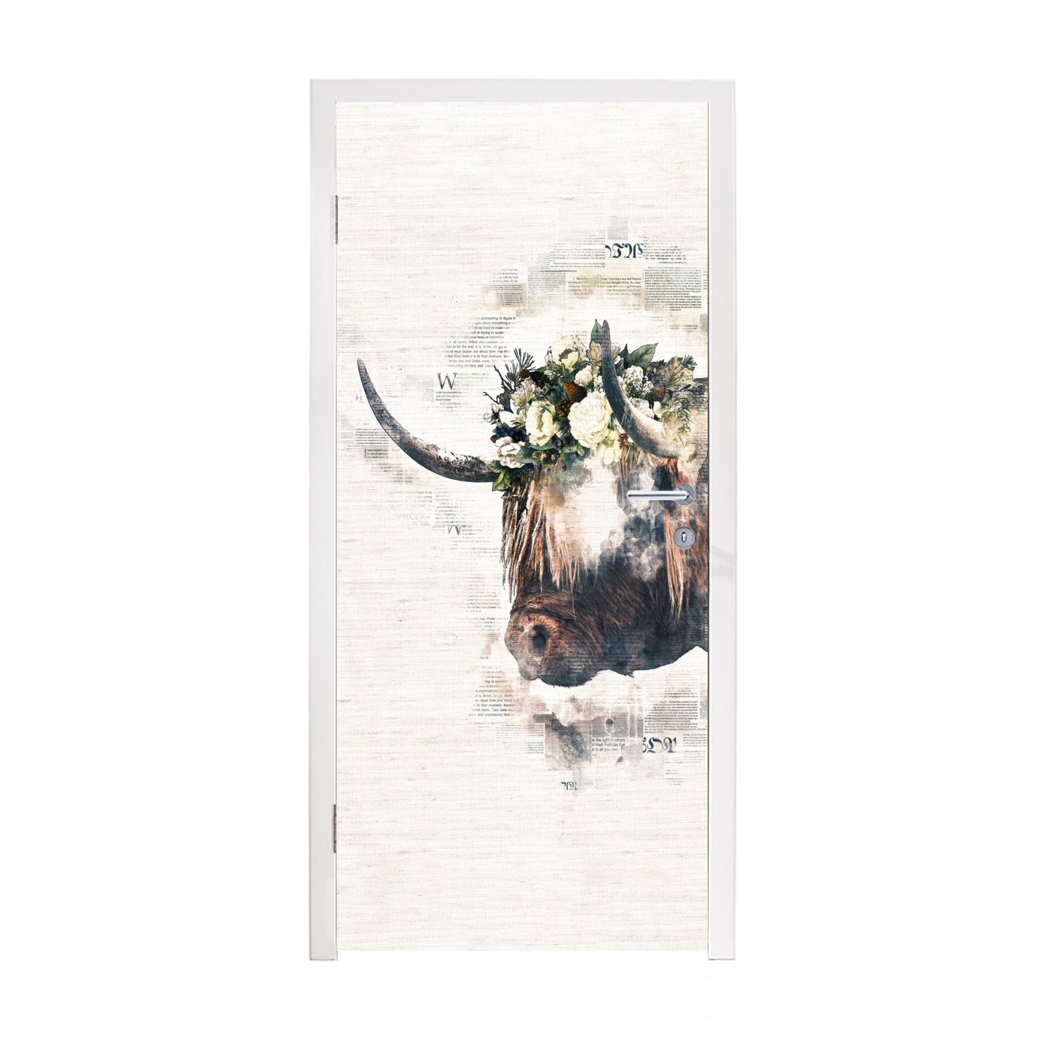 MuchoWow Türtapete Schottischer Highlander - Rauch - Blumen, Matt, bedruckt, (1 St), Fototapete für Tür, Türaufkleber, 75x205 cm