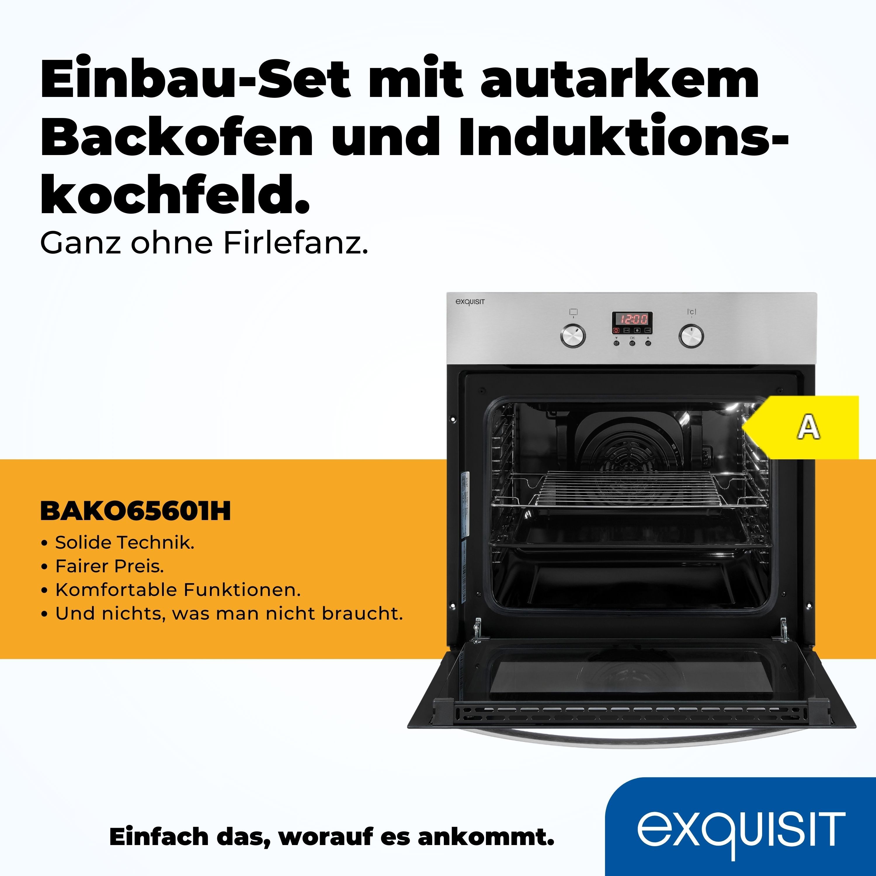 exquisit Backofen-Set BAKO65601H, autark einbaubar-Ofen mit Heißluft,Kochfeld mit Sensorbedienung