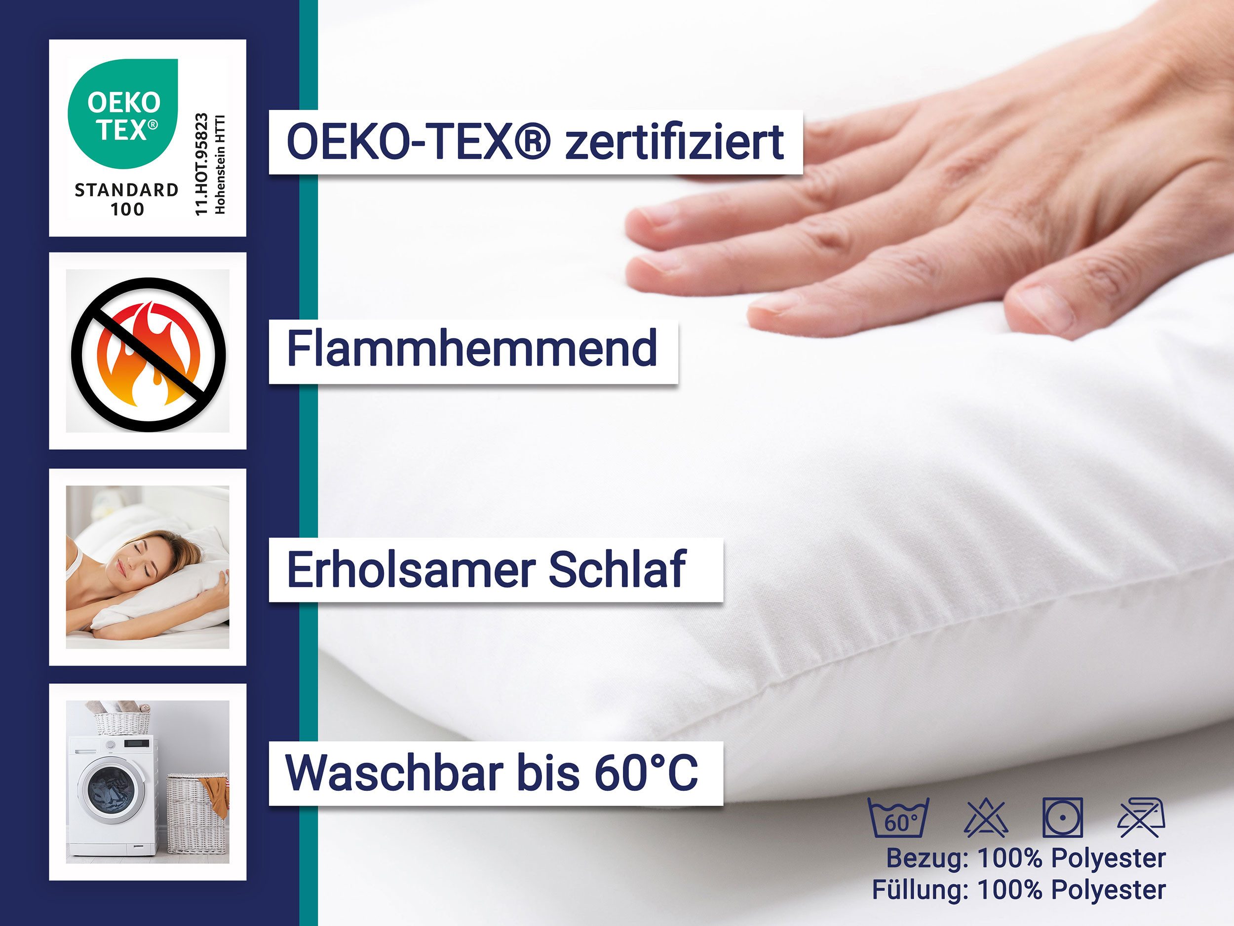 ZOLLNER Kopfkissen, Füllung: 100% Polyester, Seitenschläfer, Rückenschläfer, Bauchschläfer, 50 x 80 cm, 100% Polyester, vom Hotelwäschespezialisten