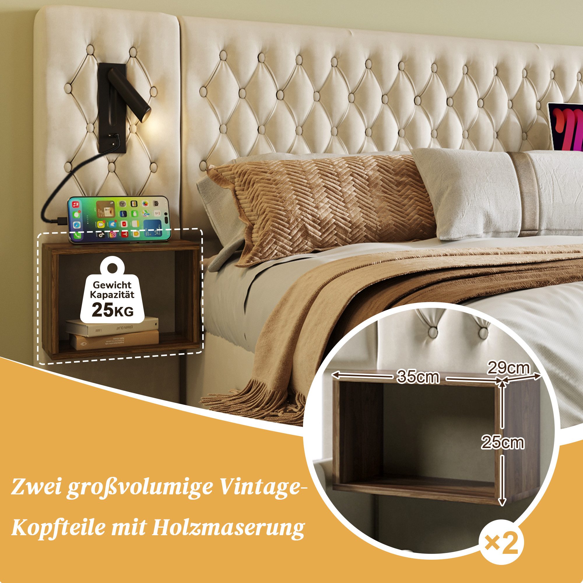 Flieks Polsterbett, Doppelbett 160×200cm mit 2 Nachttische 4 Schublade Leselicht USB-Laden