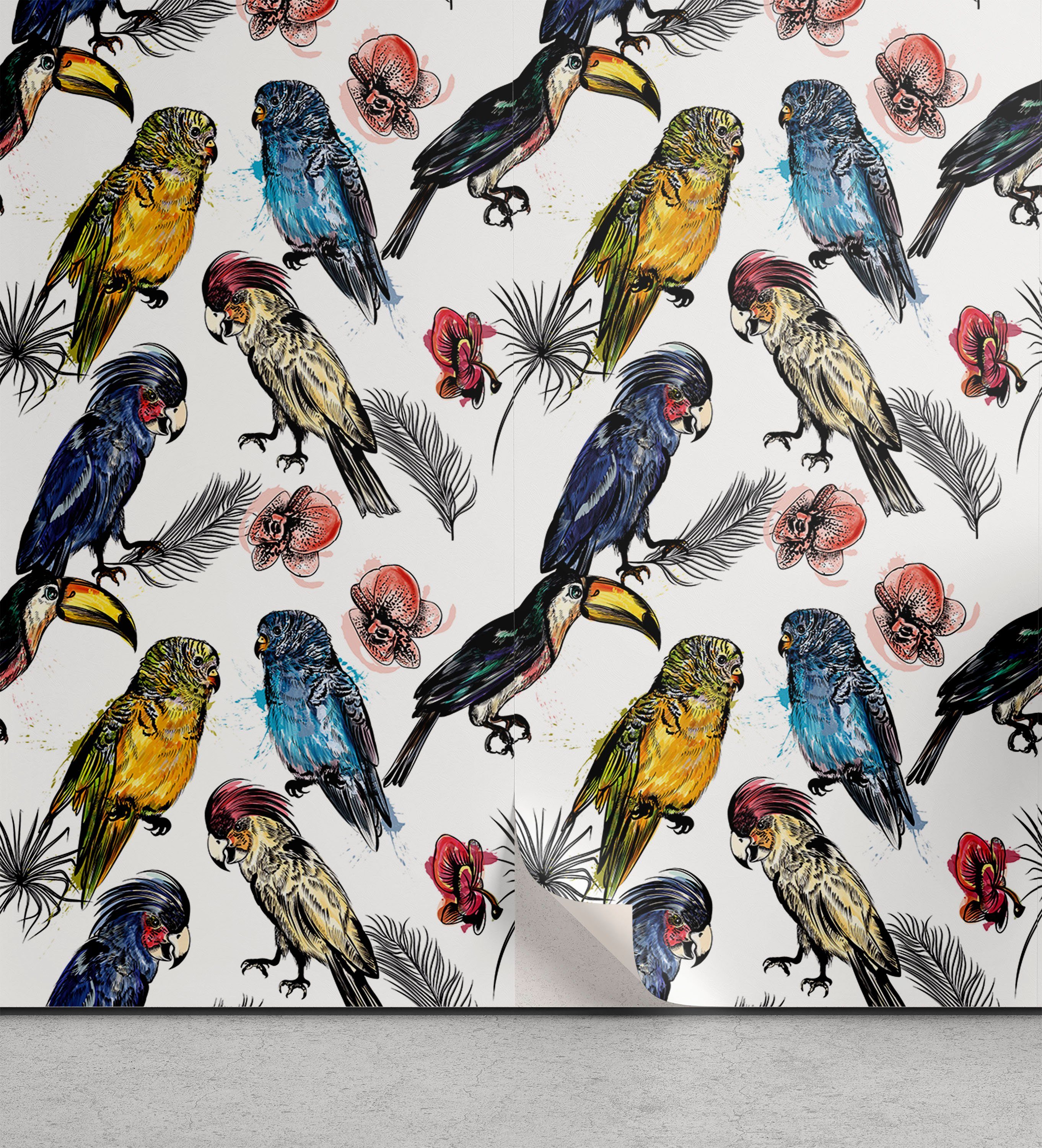Abakuhaus Vinyltapete selbstklebendes Wohnzimmer Küchenakzent, Vogel Aquarell tropische Papageien