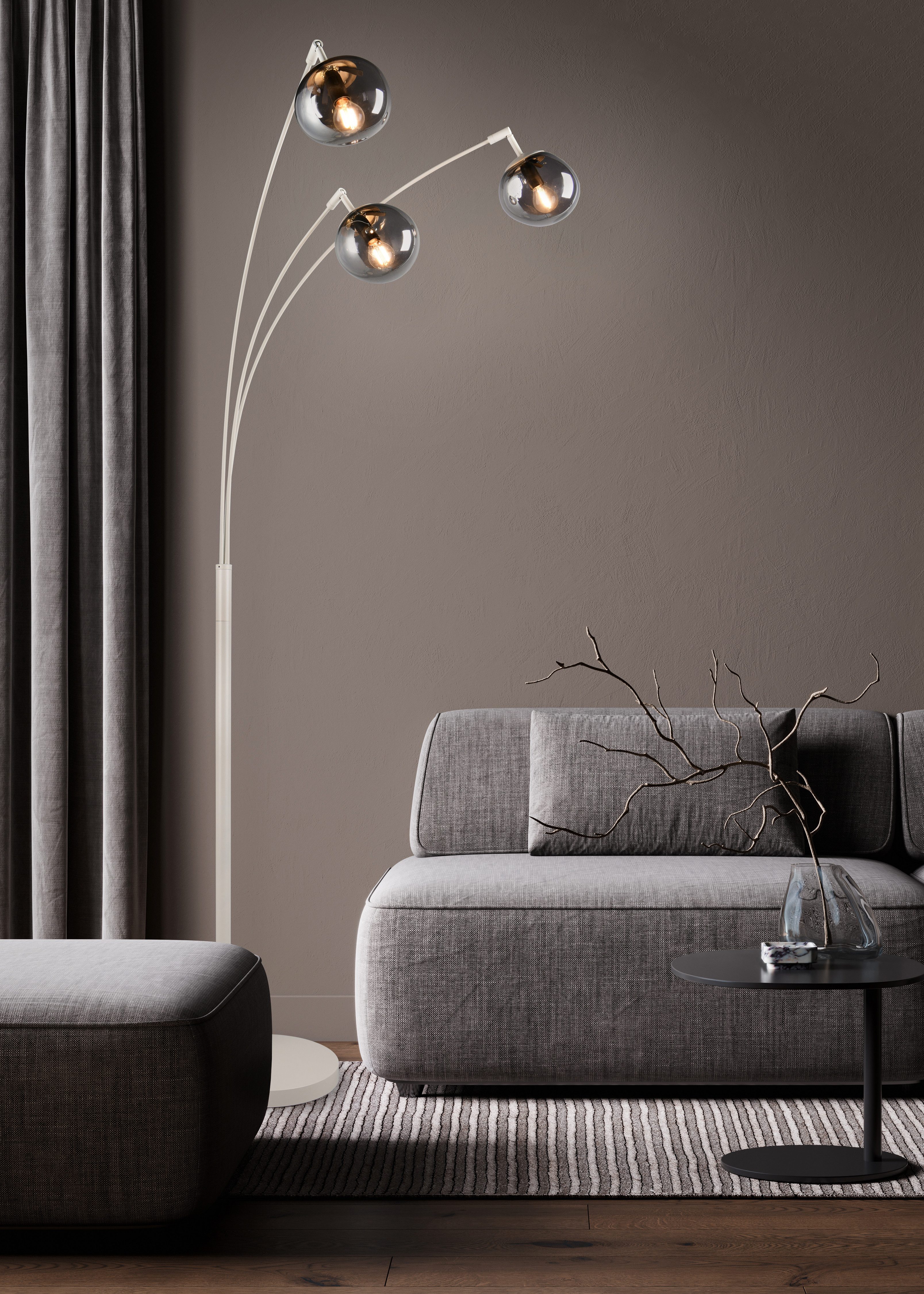 s.Oliver Stehlampe ANJELLA, Stehleuchte exkl 3x E14, in warm grey (beige) + smoke Glas, Ein-/Ausschalter, Leuchtmittel wechselbar, warmweiß - kaltweiß, mit mundgeblasenen Glasschirmen in rauchgrau, 195x65x72 cm, max 10W