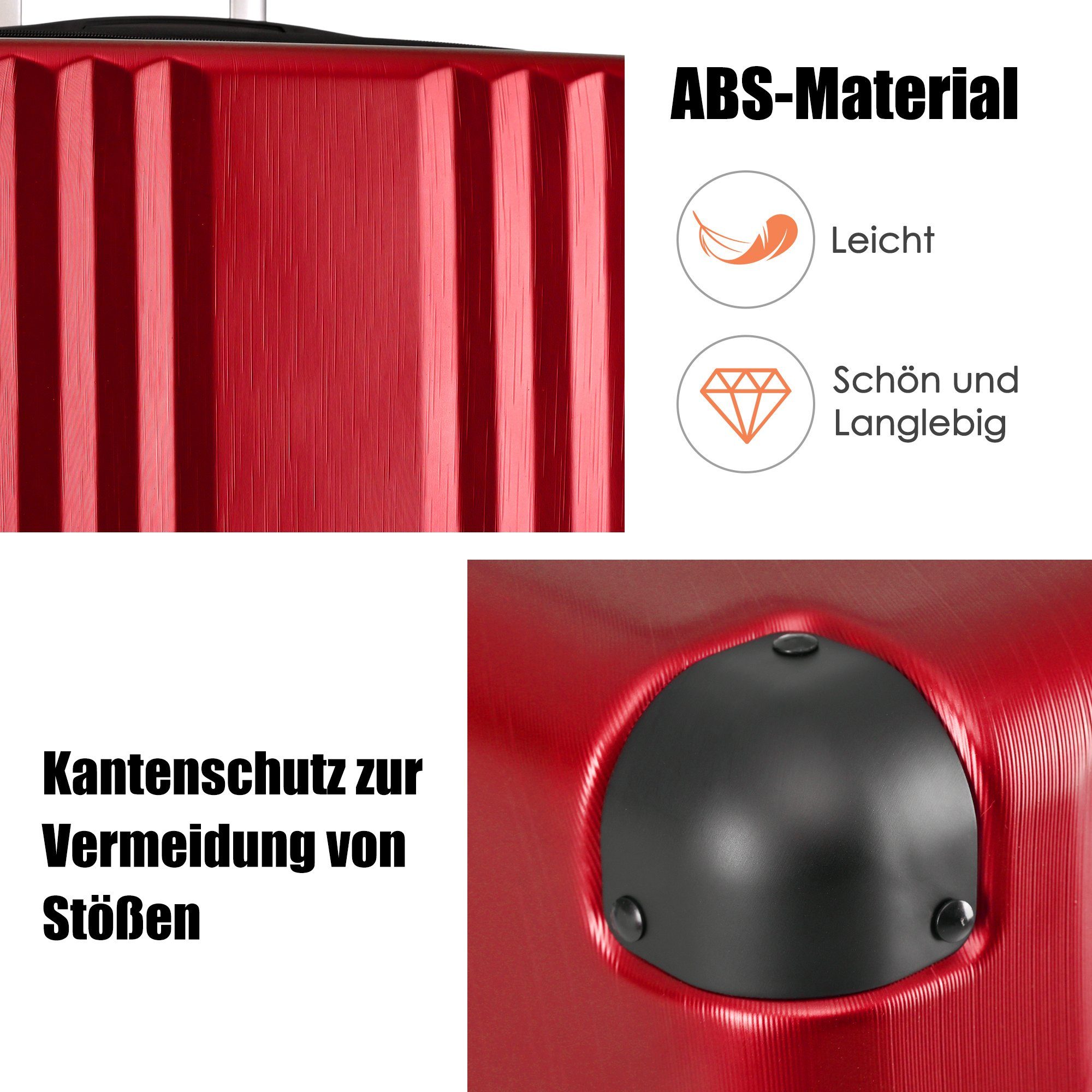 ABS Ulife mit Hartschalen-Trolley Rollen Rot Reisekoffer 4 Rollen,TSA 360° Zollschloss,