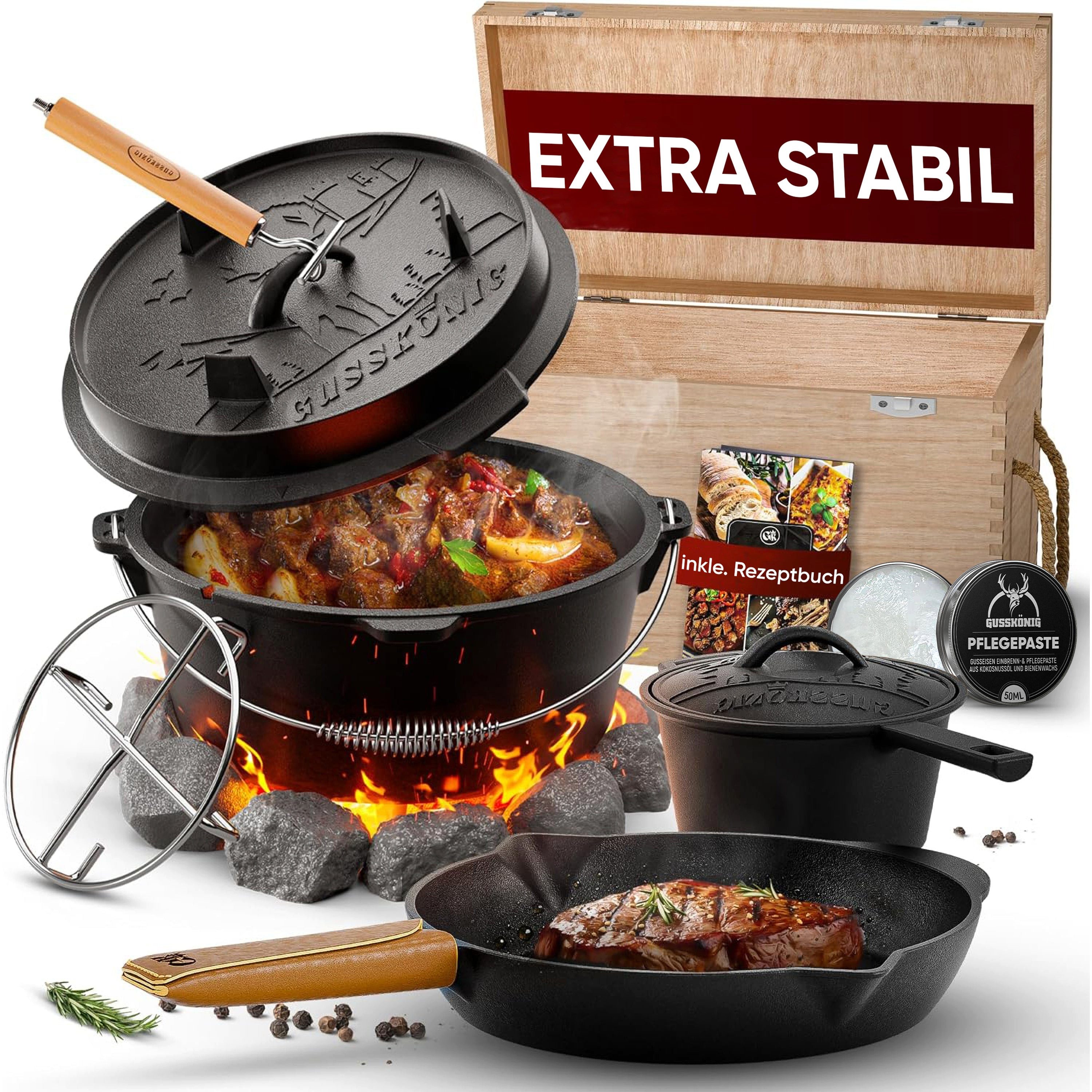 GUSSKÖNIG Schmortopf Dutch Oven in Holzbox 9tlg. Bratpfanne Saucentopf Deckelheber