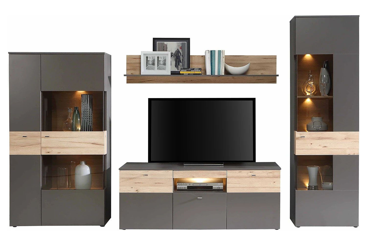 FORTE Wohnwand Wohnkombination COMO rechts Optik: Grau / Planked Eiche mit LED, (Komplett-Set, 4-St., Vitrine, Highboardvitrine, Lowboard, Wandboard)