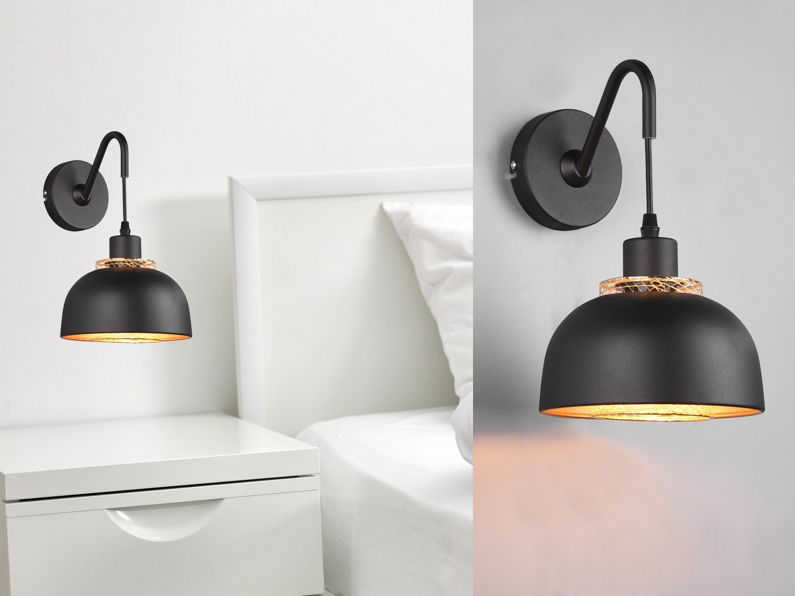 meineWunschleuchte LED Wandleuchte, Leuchtmittel stufenweise Schalter LED über Gold Industrie-design innen, Schwarz Wand, mit warmweiß, wechselbar, Nachttischlampe dimmbar, Stecker