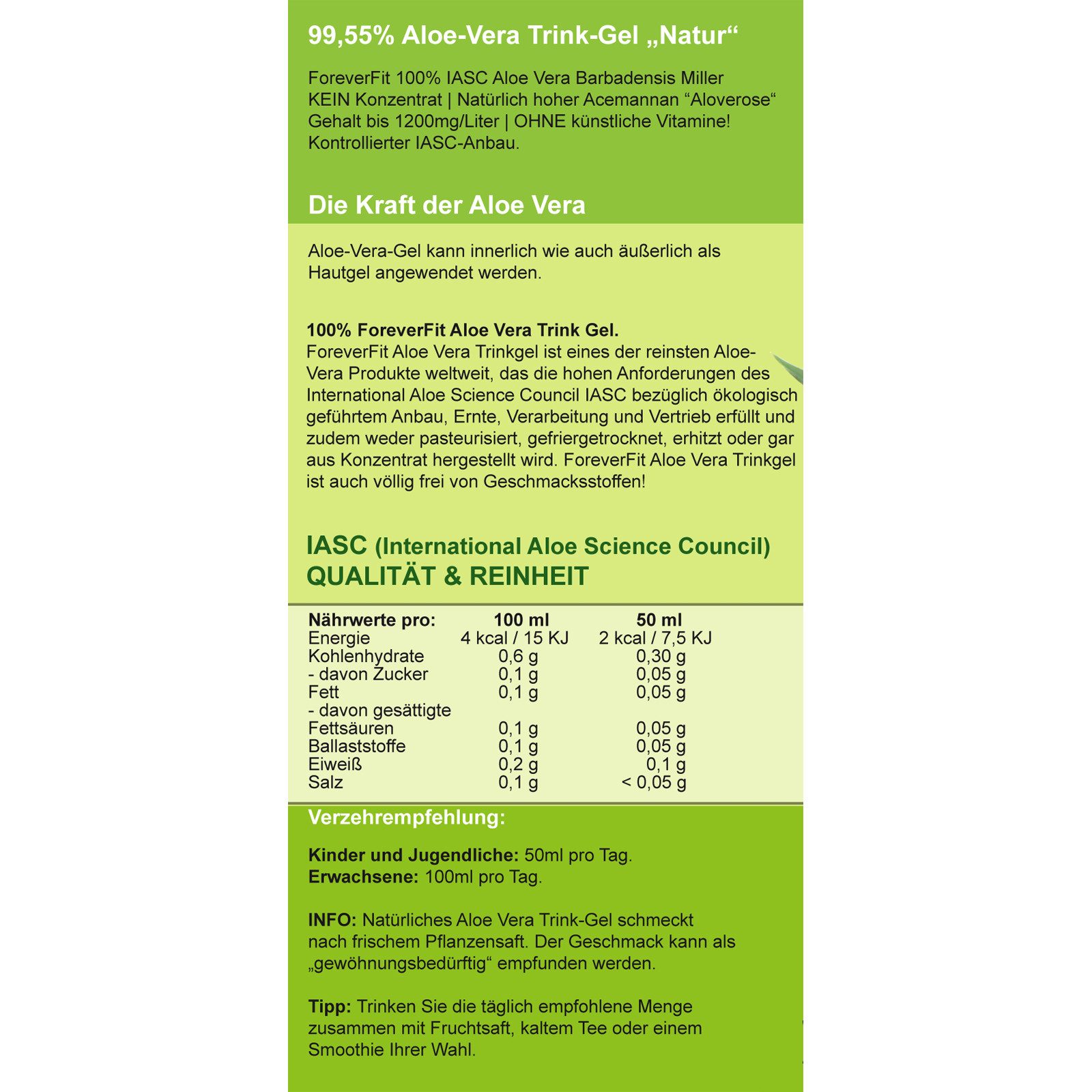 ForeverFit Aloe Vera 99,55% Natur Barbadensis Miller Pflanze Getränk Blattgel Trink Gel, 1 Flasche à 1000 ml, Art .30240