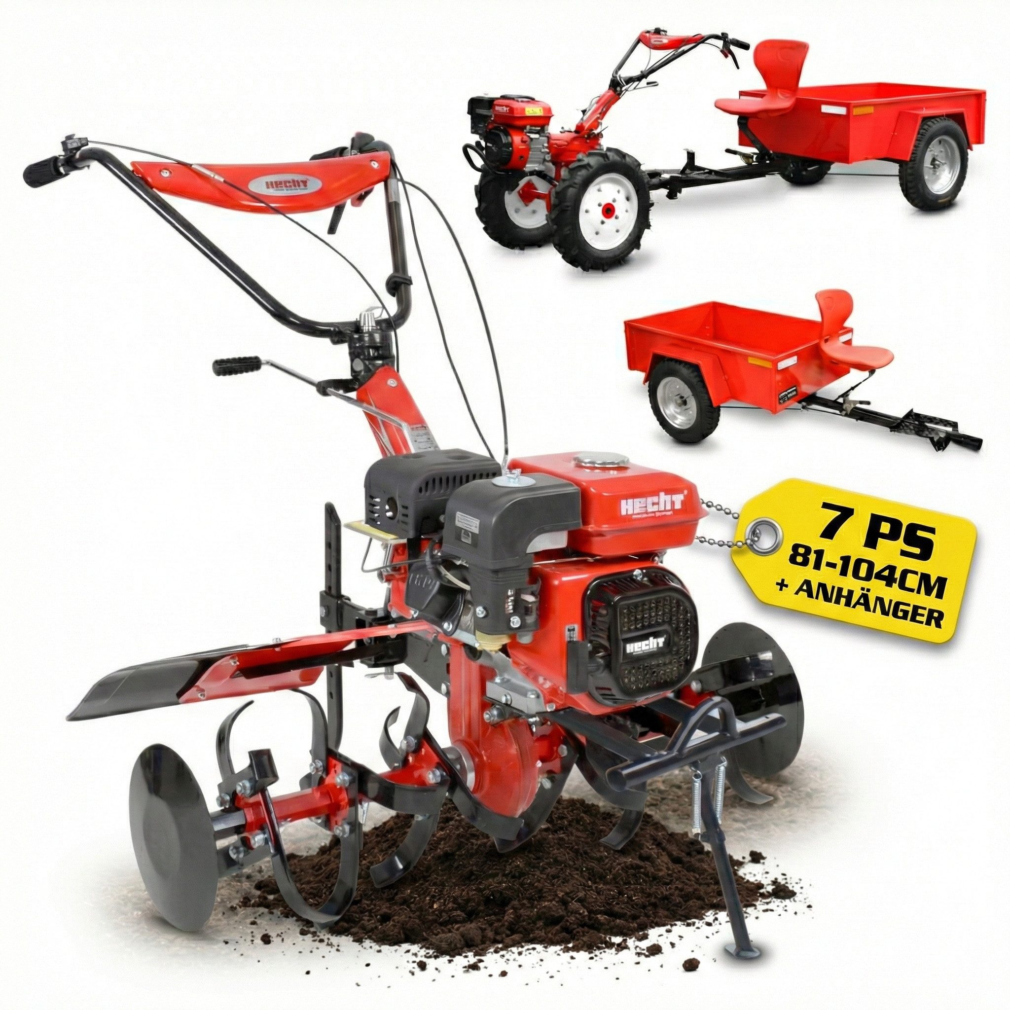 Hecht Benzinmotorhacke Gartenfräse mit Anhänger 7 PS Gartenhacke Motorfräse Bodenhacke, 104,2 cm Arbeitsbreite, 2-St., 13,5 km/h, 208 cm³, Stahlgehäuse
