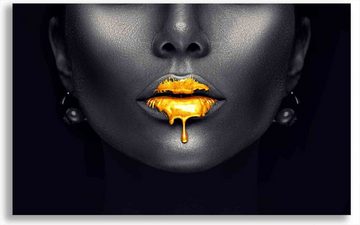 Leinwando Gemälde Leinwandbild / Sexy Lippen in Gold - Gold Lips Quer / Wandbild fertig zum aufhängen in versch- Größen
