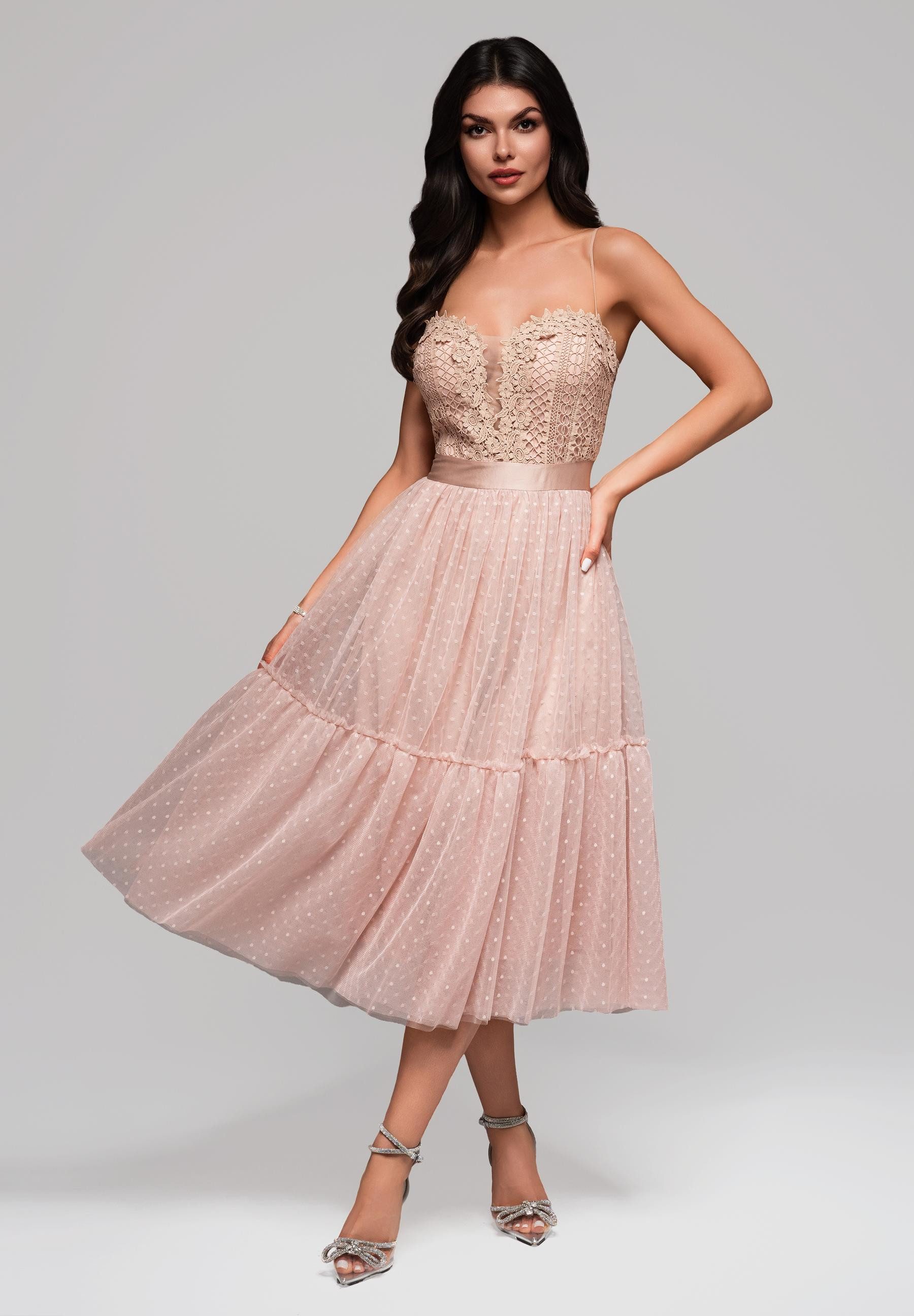 OMBRE Abendkleid Midikleid mit Spitze und Tüllrock Satinband in der Taille günstig online kaufen