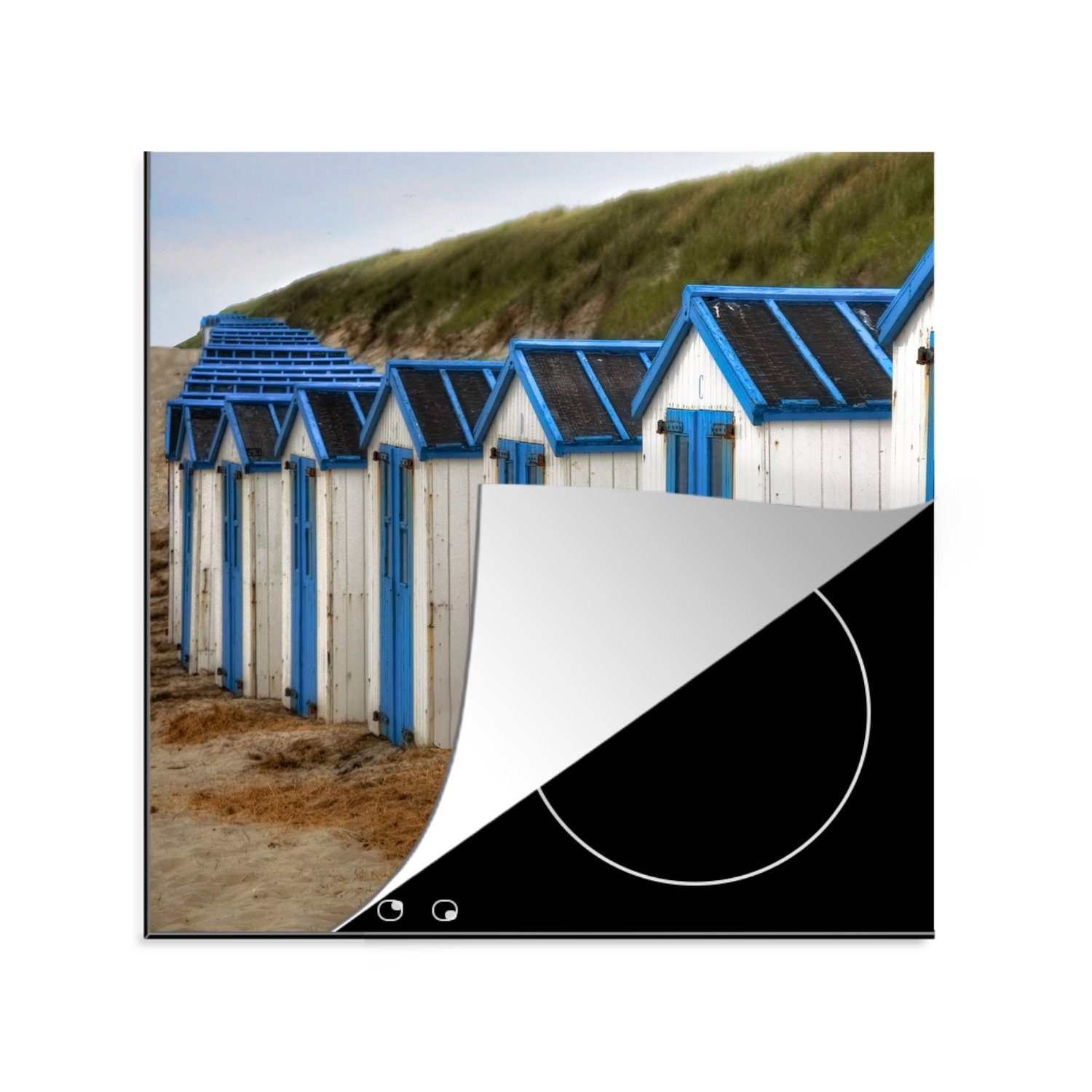 weiße (1 cm, küche und 78x78 Arbeitsplatte tlg), für Herdblende-/Abdeckplatte MuchoWow Vinyl, Blaue Strandhütten, Ceranfeldabdeckung,