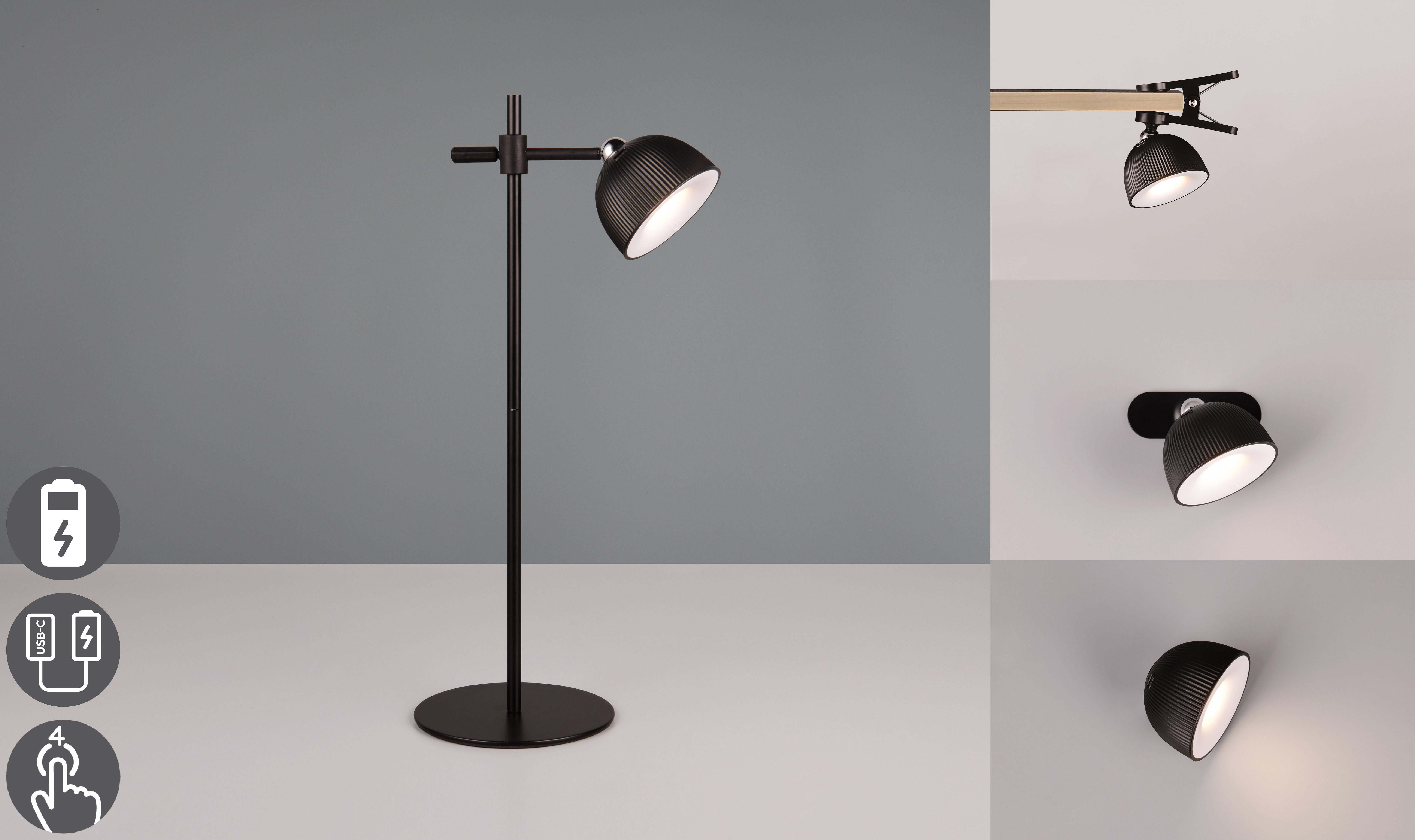 Reality Leuchten LED Tischleuchte MAXIMA, USB-Ladefunktion, mehrere Helligkeitsstufen, LED fest integriert, Warmweiß, kabellose Akku Tischlampe mit Magnet-Kopf: 3 Befestigungsarten wählbar