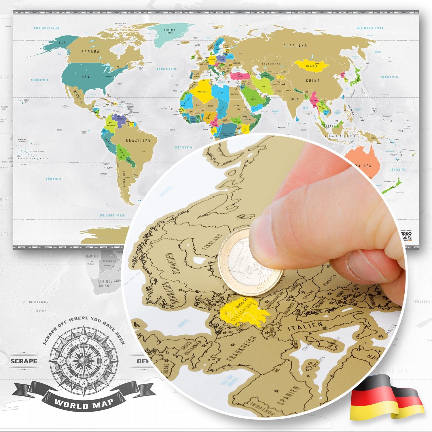 Goods+Gadgets Poster Weltkarte zum Frei-Rubbeln, Rubbelkarte, Scrape Off World-Map