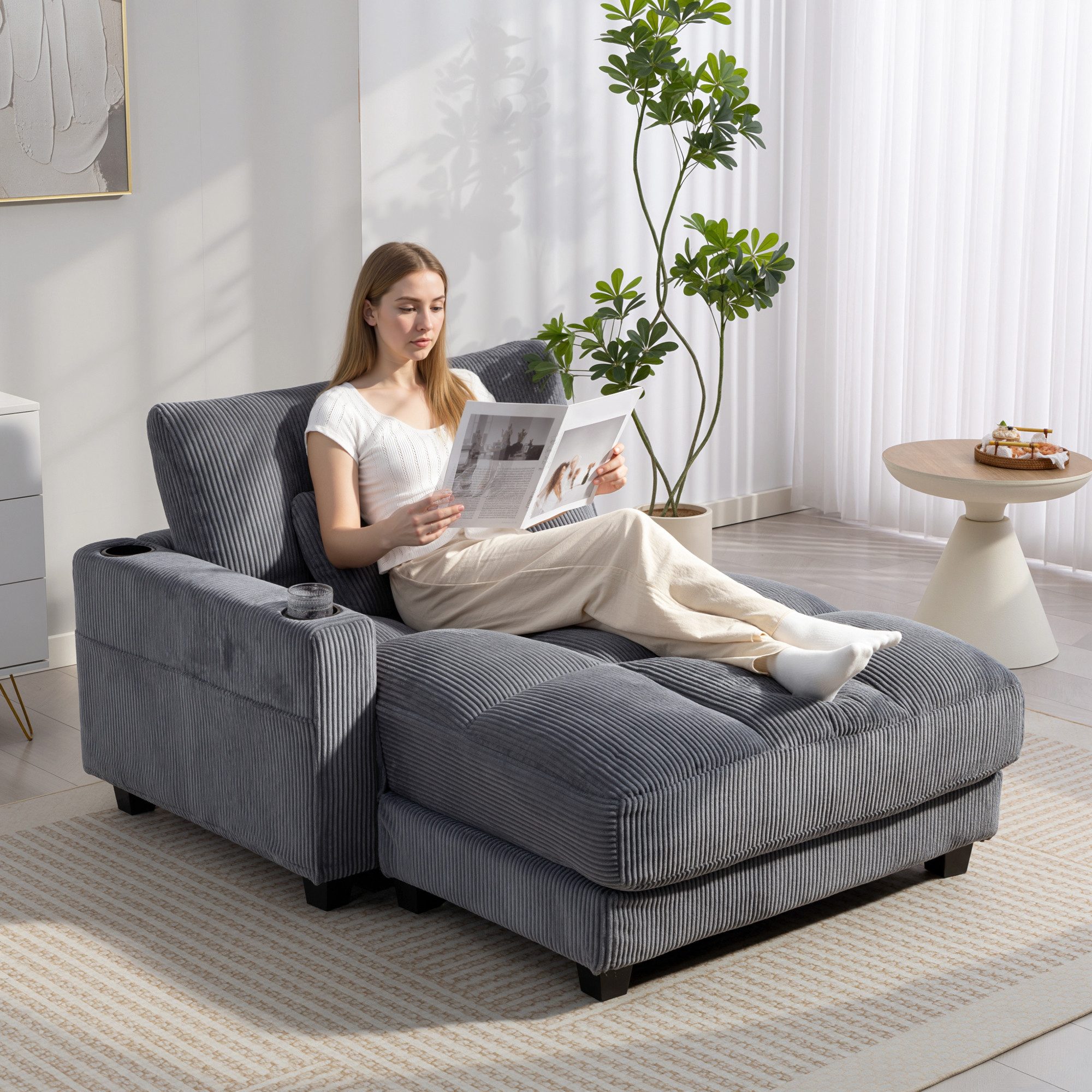HOMCOM Schlafsofa Chaiselongue 2 Sitzer, Cord-Optik, Links/Rechts Armlehne, Sofa mit Schlaffunktion 1 Teile, für Wohnzimmer, Schlafzimmer, Dunkelgrau