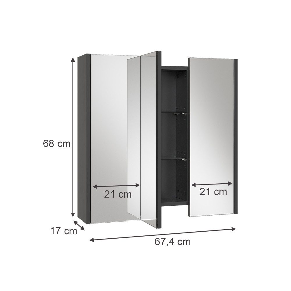 Vicco Badezimmerspiegelschrank Majest, Anthrazit, 67.4 x 68 cm mit 3 Spiegeltüren (1-St)