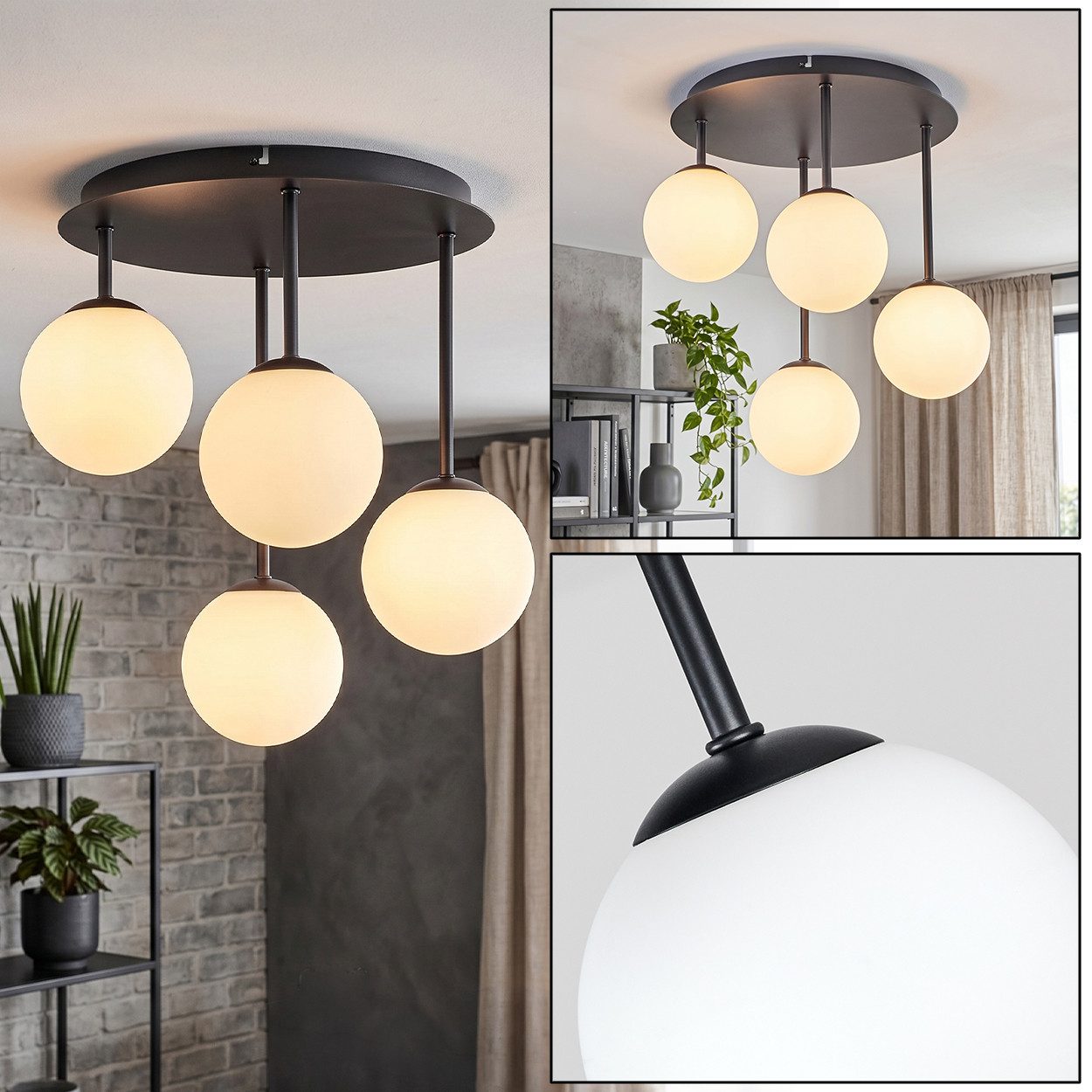 hofstein Deckenleuchte Deckenlampe aus Metall/Milchglas in Schwarz/Weiß, moderne Deckenleuchte im Retro/Vintage-Design, 4 x G9