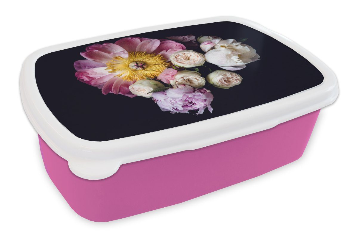 MuchoWow Lunchbox Blumen - Rosa - Pastell, Kunststoff, (2-tlg), Brotbox für Erwachsene, Brotdose Kinder, Snackbox, Mädchen, Kunststoff