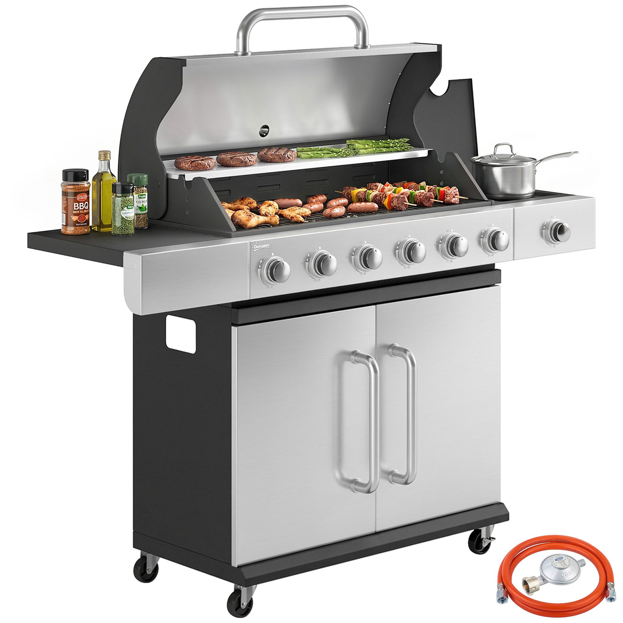 Outsunny Gasgrill inkl Rolle, Seitenbrenner, Thermometer, Gusseisen-Grillrost, Gas-Grill, BBQ Grillwagen, für Balkon BBQ Party