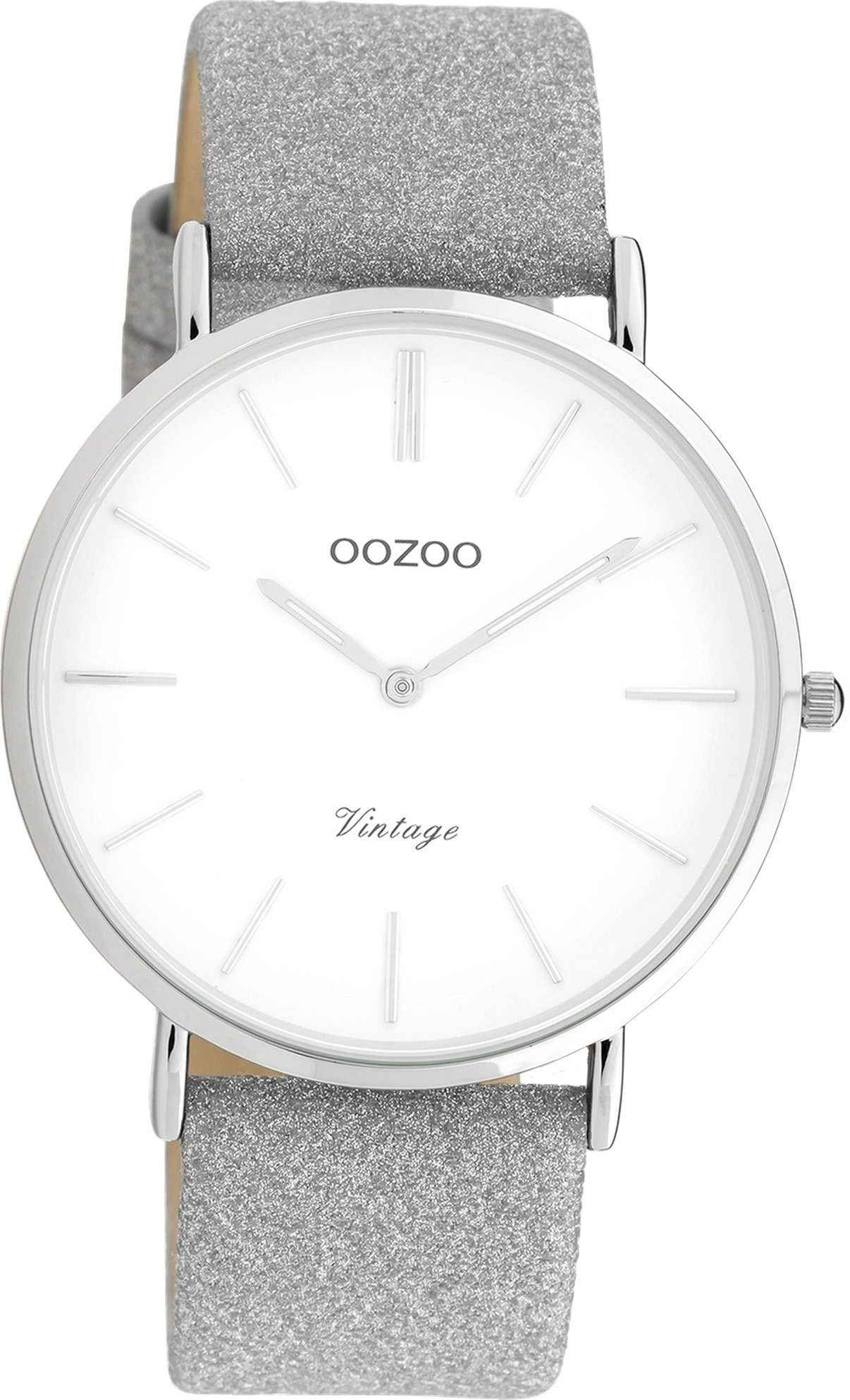 OOZOO Quarzuhr Oozoo Damen Armbanduhr silber Analog, Damenuhr rund, groß (ca. 40mm) Lederarmband, Elegant-Style