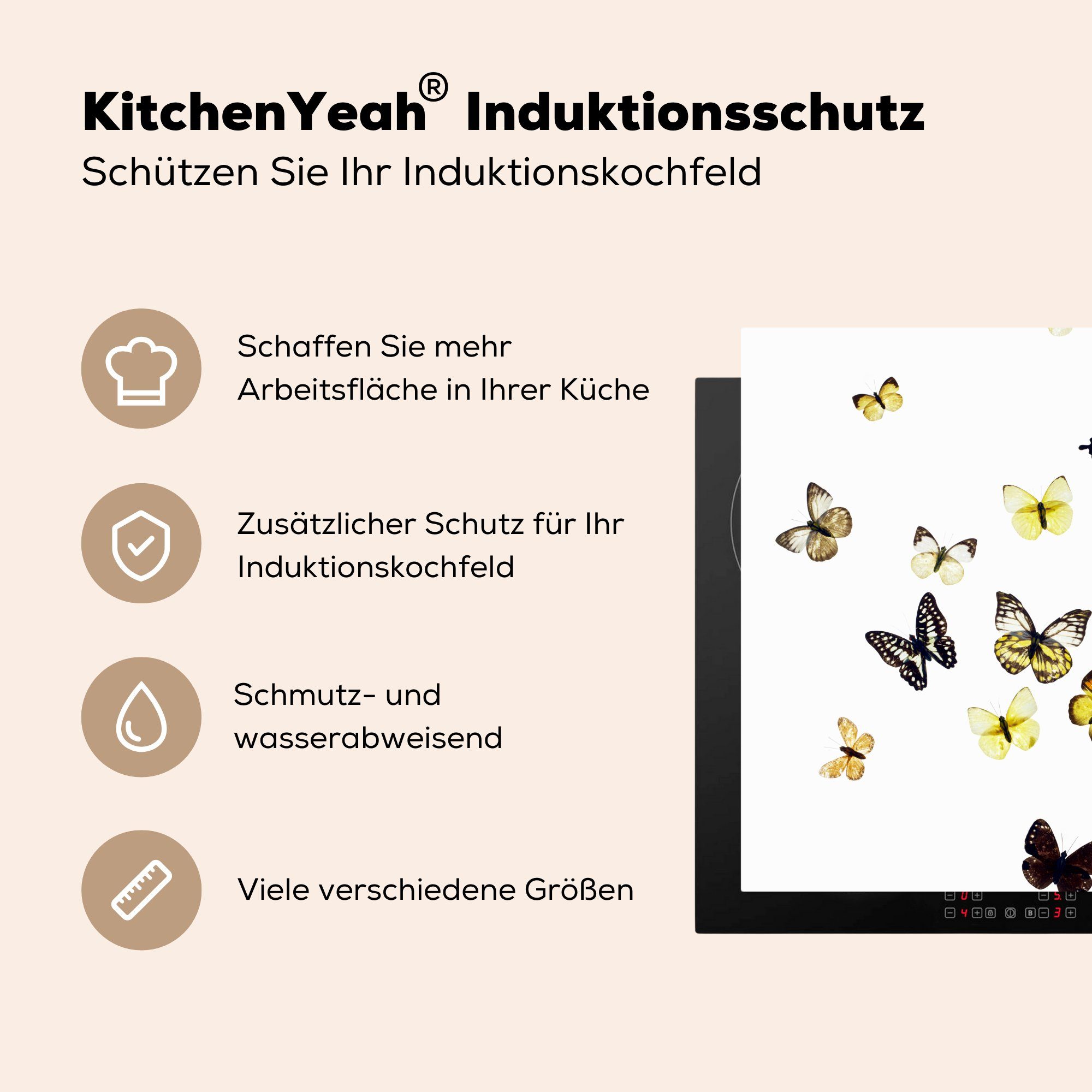 cm, küche Hintergrund, MuchoWow für (1 Herdblende-/Abdeckplatte auf Arbeitsplatte Vinyl, tlg), weißem Ceranfeldabdeckung, 78x78 Schmetterlinge