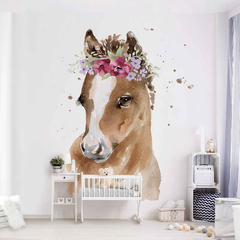 Bilderdepot24 Kindertapete Florales Pferd Aquarell Kinder Kunst Tiere braun moderne Wanddeko XXL, Glatt, Matt, (Inklusive Gratis-Kleister oder selbstklebend), Mädchenzimmer Jungenzimmer Babyzimmer Bildtapete Fototapete Wandtapete