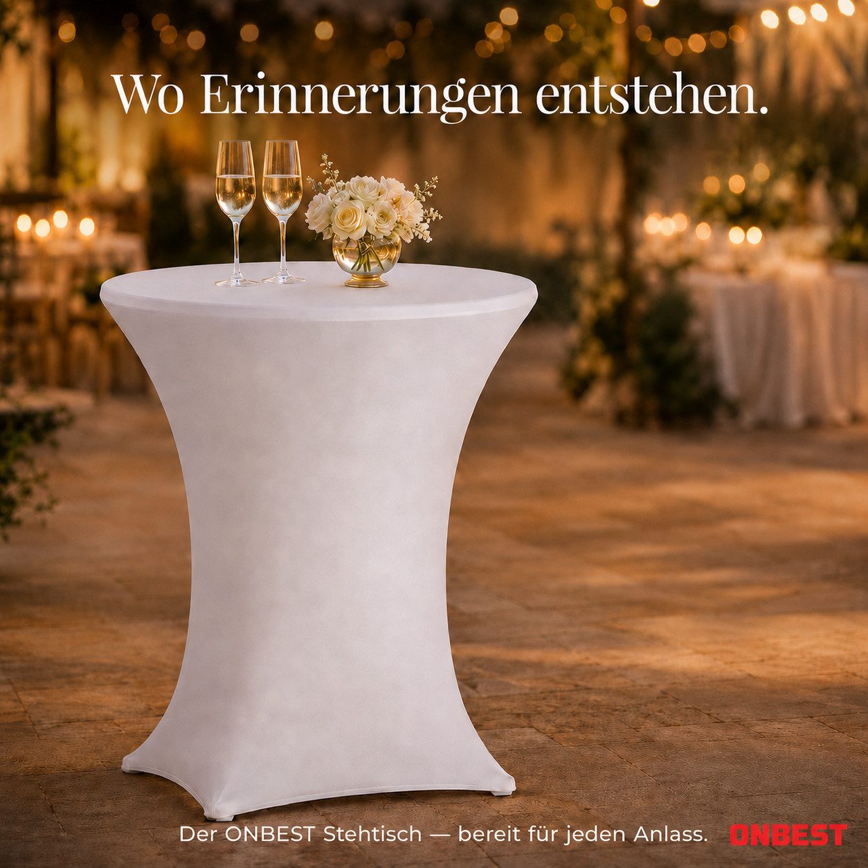 Onbest Stehtisch mit Tischhusse Ø 80 cm klappbar, 2,5 cm Holzplatte, 60 kg Tragkraft, Hitzebständig, Weiß