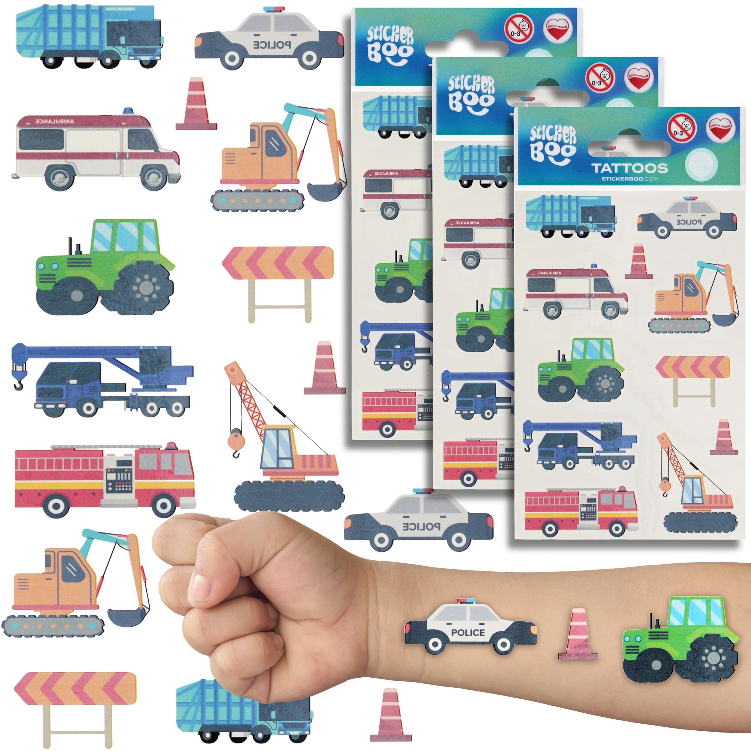 Stickerbuch Tattoo-Set Fahrzeuge für Kinder, 30 waschbare Tattoos, 3 Blätter