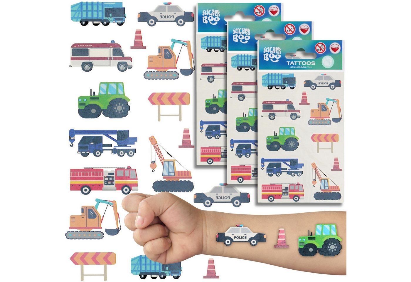 Sarcia.eu Stickerbuch Tattoo-Set Fahrzeuge für Kinder, 30 waschbare Tattoos, 3 Blätter