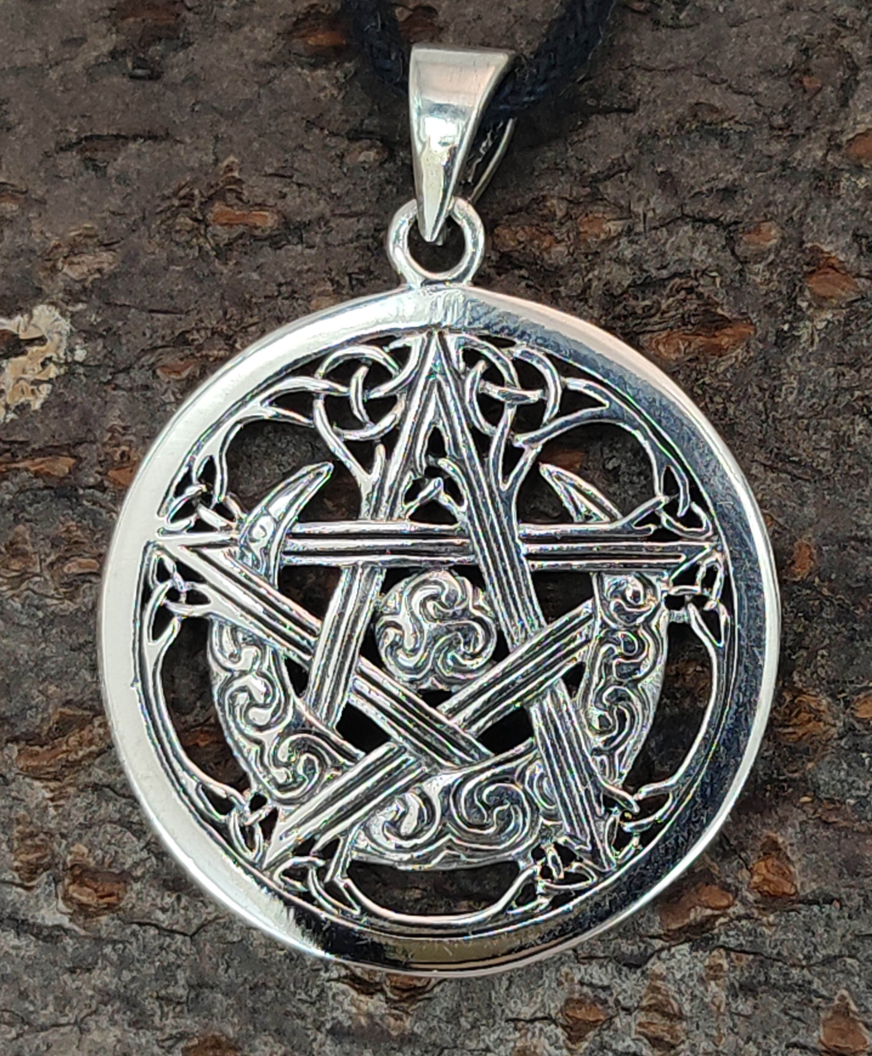 Wicca Leather Amulett Mond Silber 925 Sonne keltisch Kiss Pentagramm of Anhänger Kettenanhänger Schutz