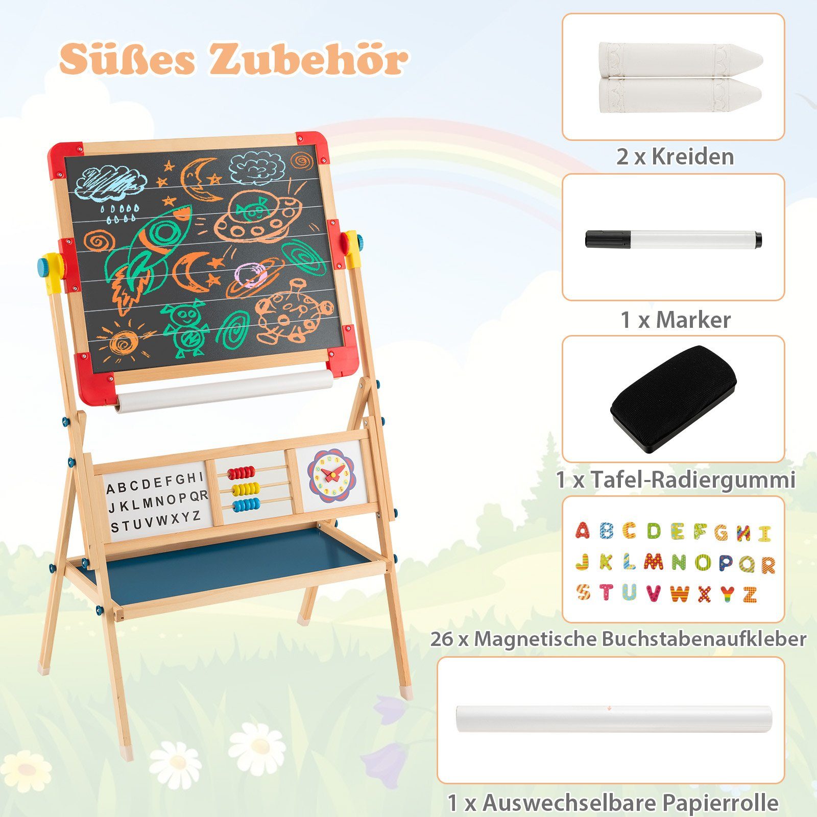 COSTWAY Standtafel Kinder Kreidetafel, Holz, mit Papierrolle – Bild 5 von 5