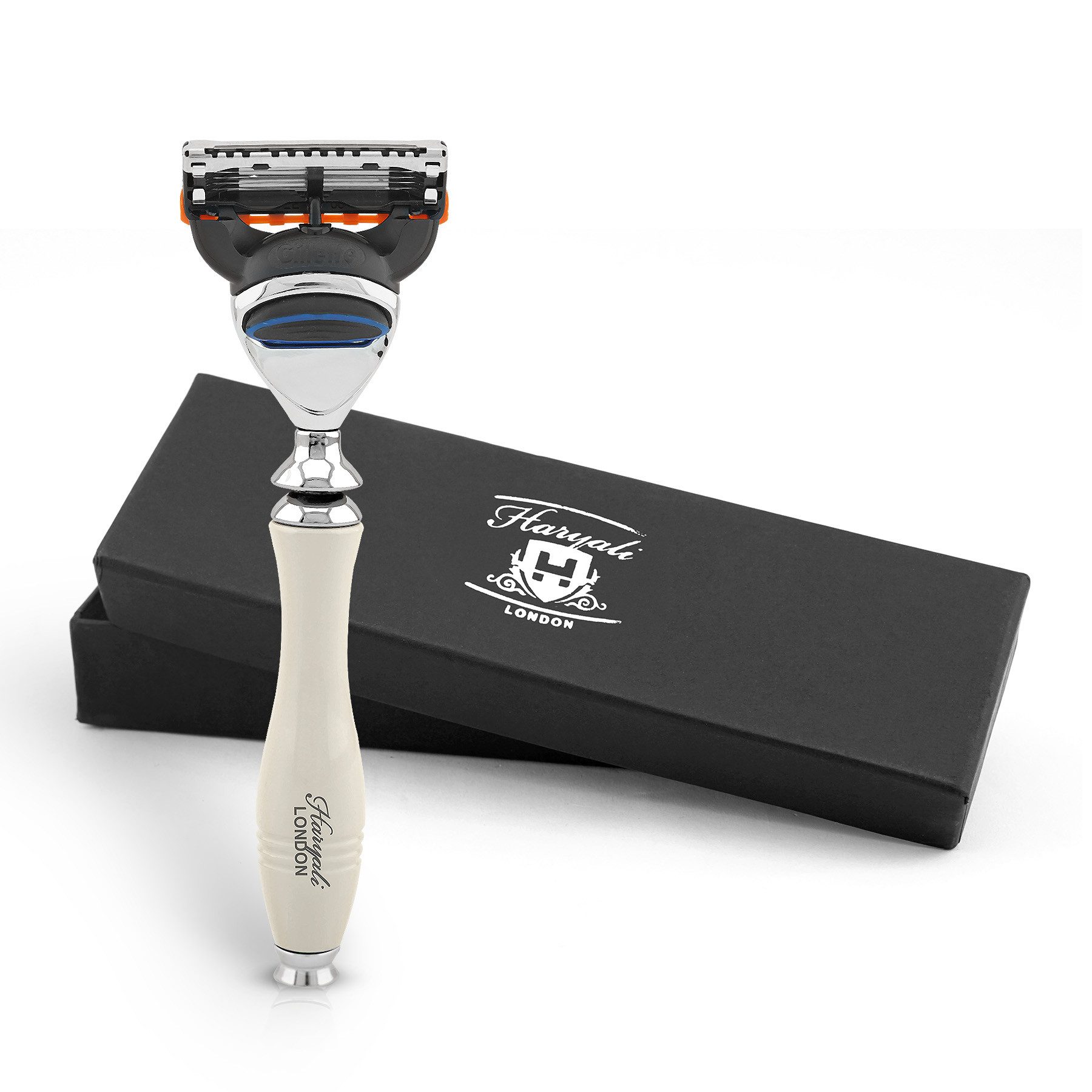 Haryali London Nassrasierer 5-Klingen-Unisex-Rasierer für Körper und Gesicht, Elfenbein, Pack, Rasierer mit Klinge und MESSING Silber Finish, Abwaschbarer, rutschfester Griff. Passend für alle Fusion5 Rasier.