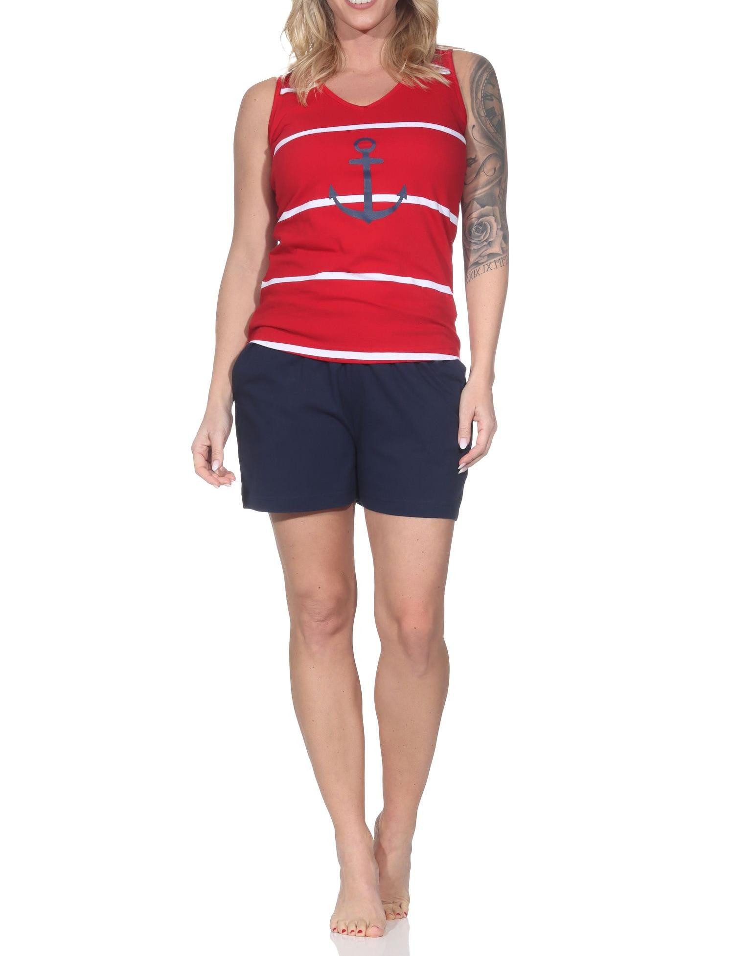 Normann Pyjama Maritimer ärmelloser Damen Shorty Schlafanzug mit Leuchturm Motiv