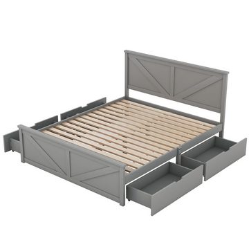 OKWISH Funktionsbett Holzbett Plattformbet Doppelbett Stauraumbett, 160x200cm Einfaches Holzpritschenbett mit vier Schubladen