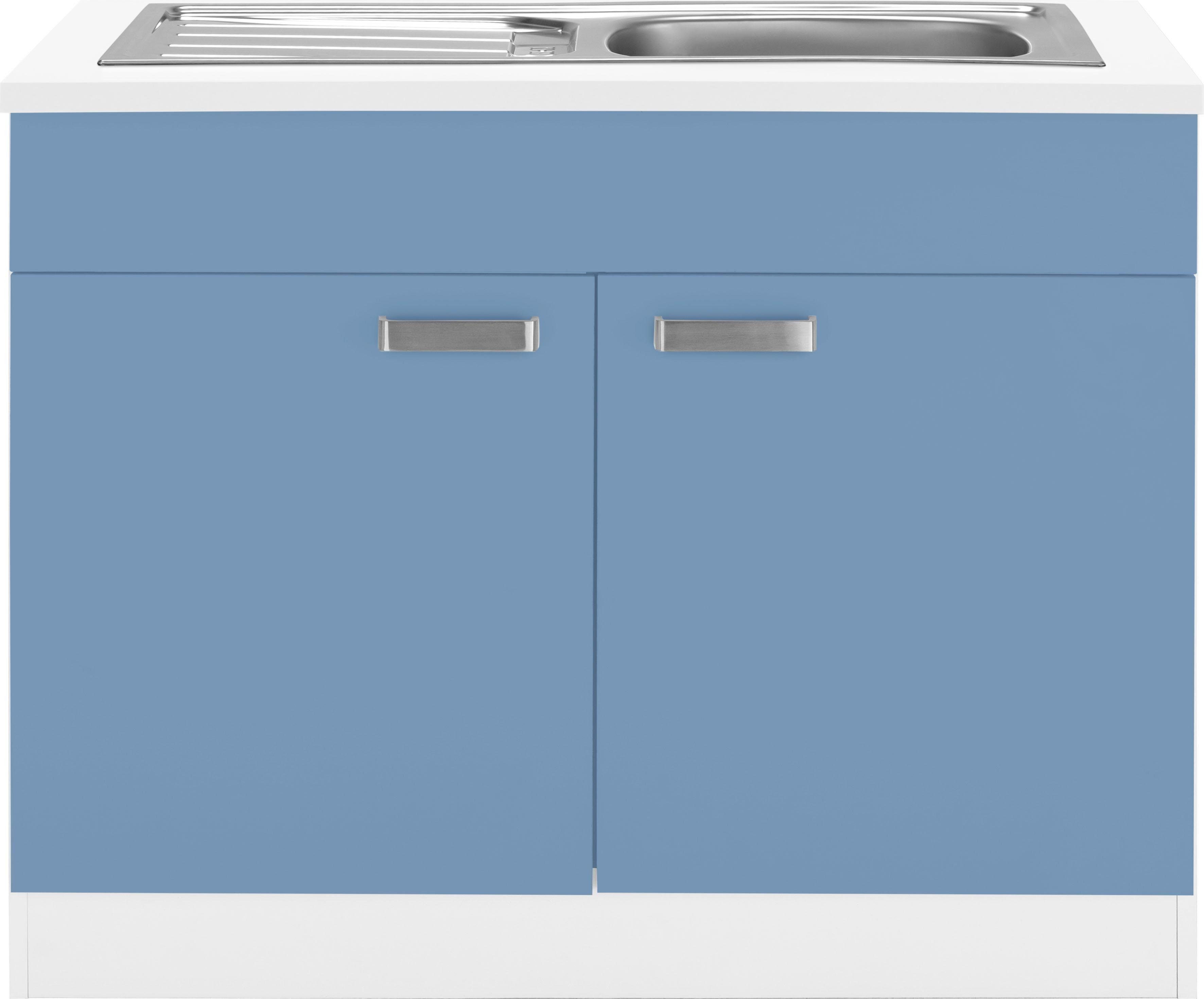 wiho Küchen Spülenschrank Husum 100 cm breit himmelblau/weiß