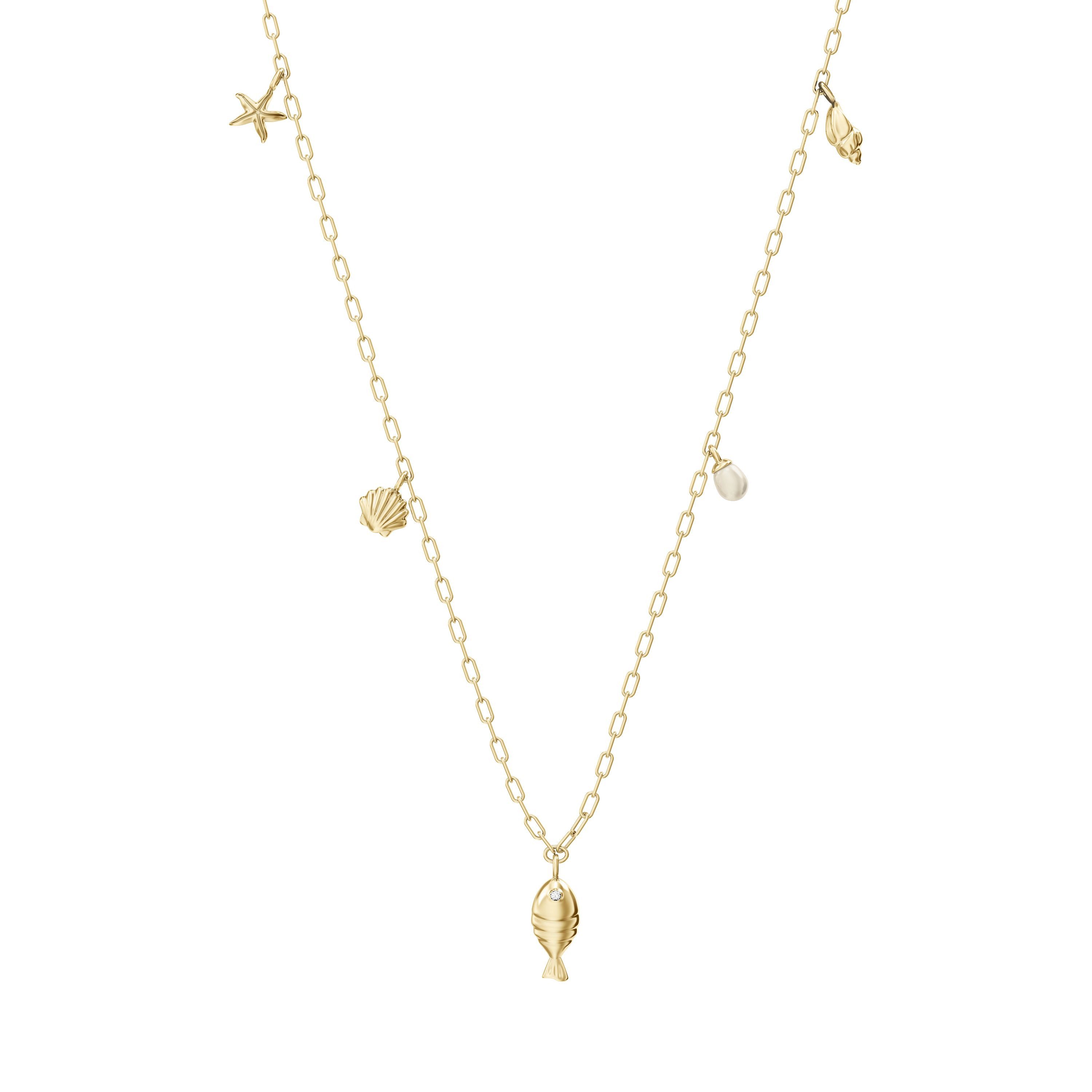Fossil Kette mit Anhänger Schmuck Geschenk Metall Fisch Muschel Seestern Sutton, mit Glasstein - mit Süßwasserzuchtperle